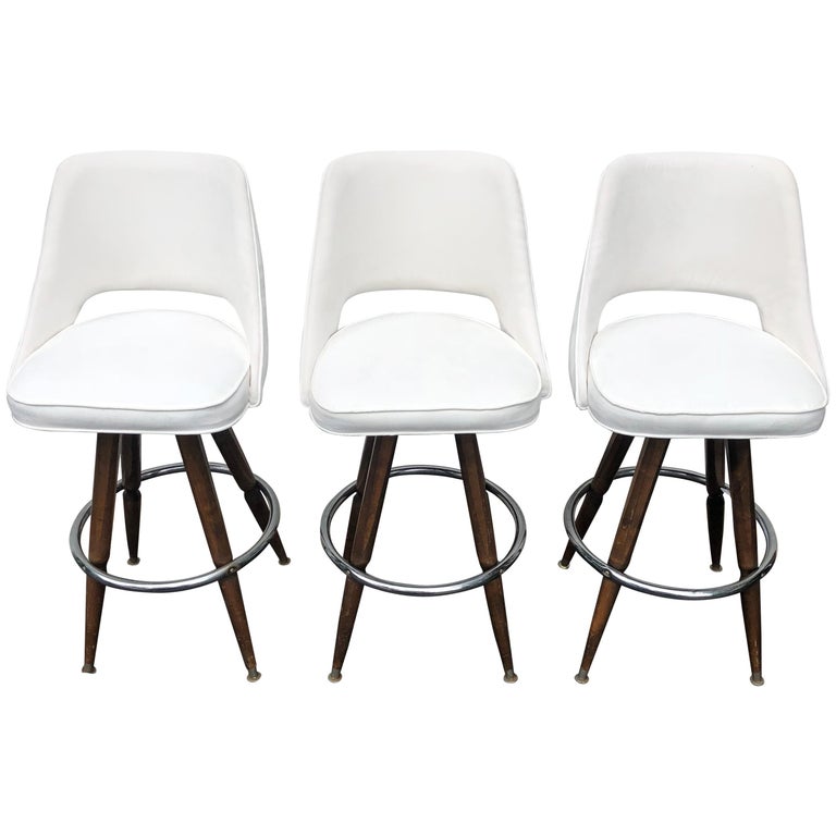 Set Of Three MidCentury White FauxSuede Bar Stools at 1stDibs set