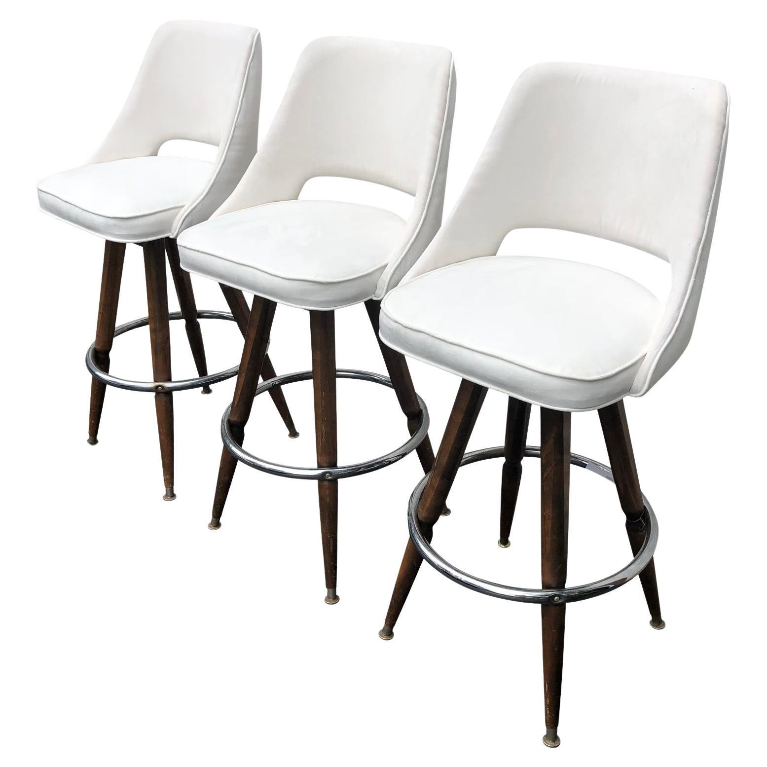 Set of Three Mid-Century White Faux-Suede Bar Stools