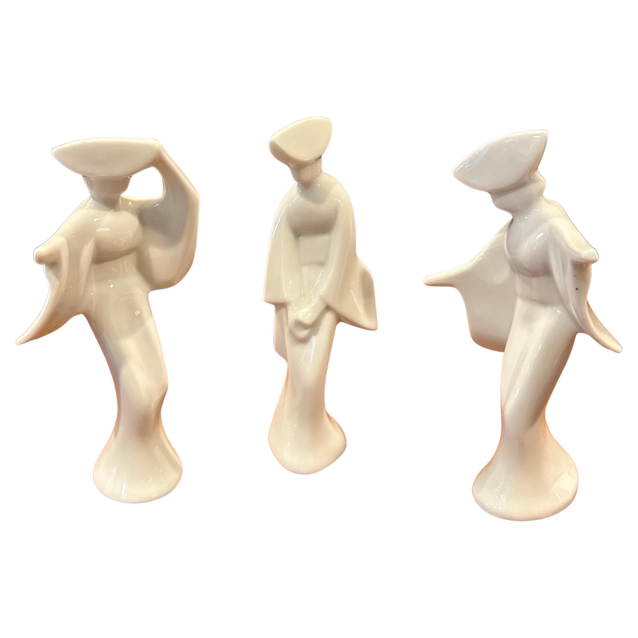Set of Three Mid-Century White Porcelain Japanese Geisha Figurines