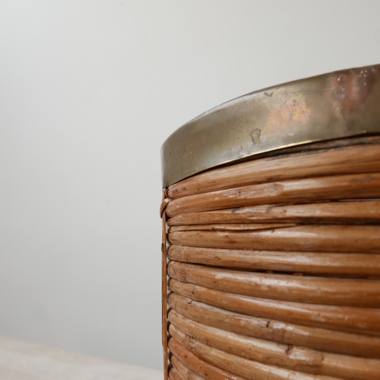 20th Century Set of Three Mid-Century Wicker and Brass Bowls/Bins