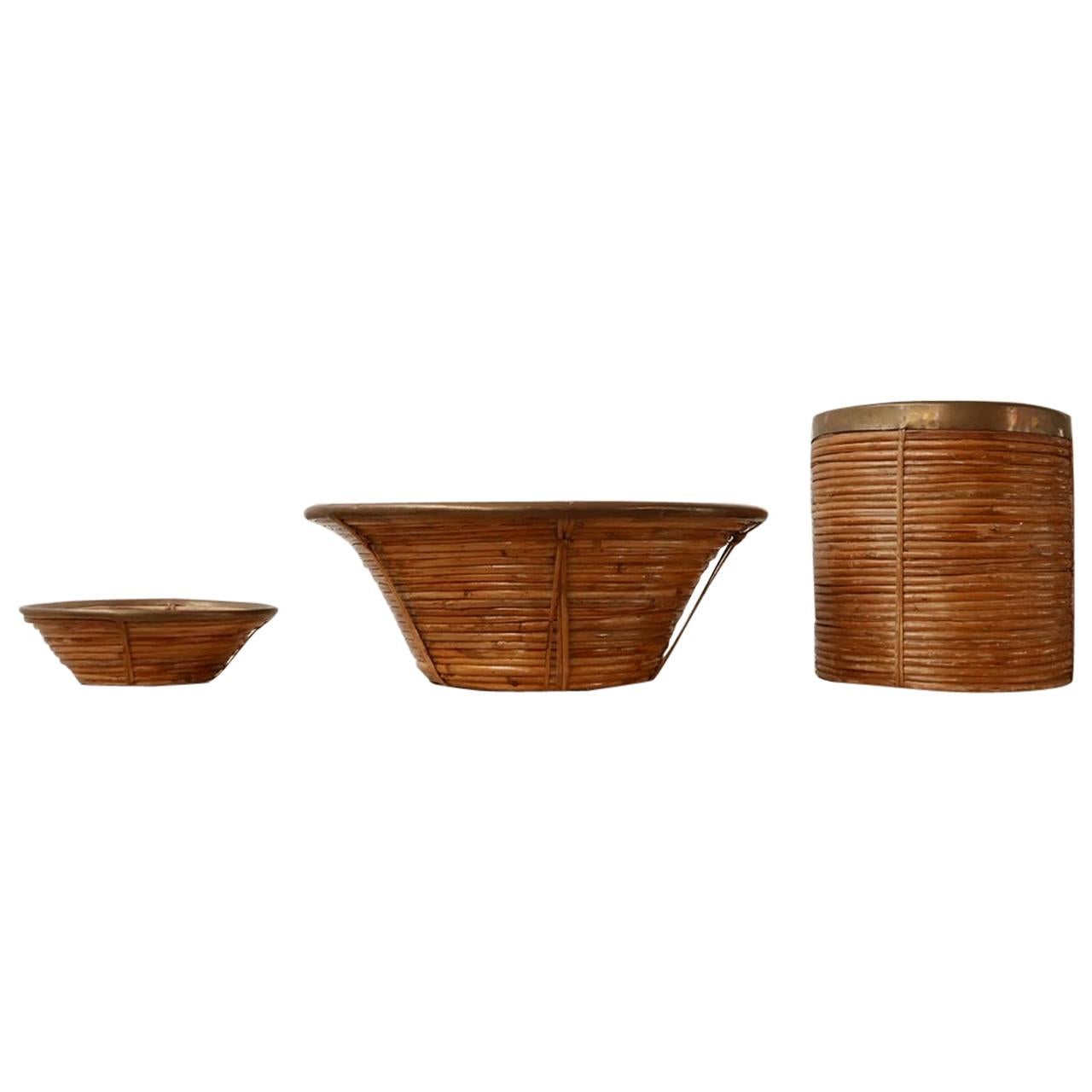 Set of Three Mid-Century Wicker and Brass Bowls/Bins