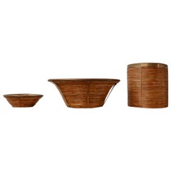 Retro Set of Three Mid-Century Wicker and Brass Bowls/Bins