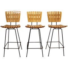Vintage Set of Three Midcentury Arthur Umanoff Slat Counter Stools