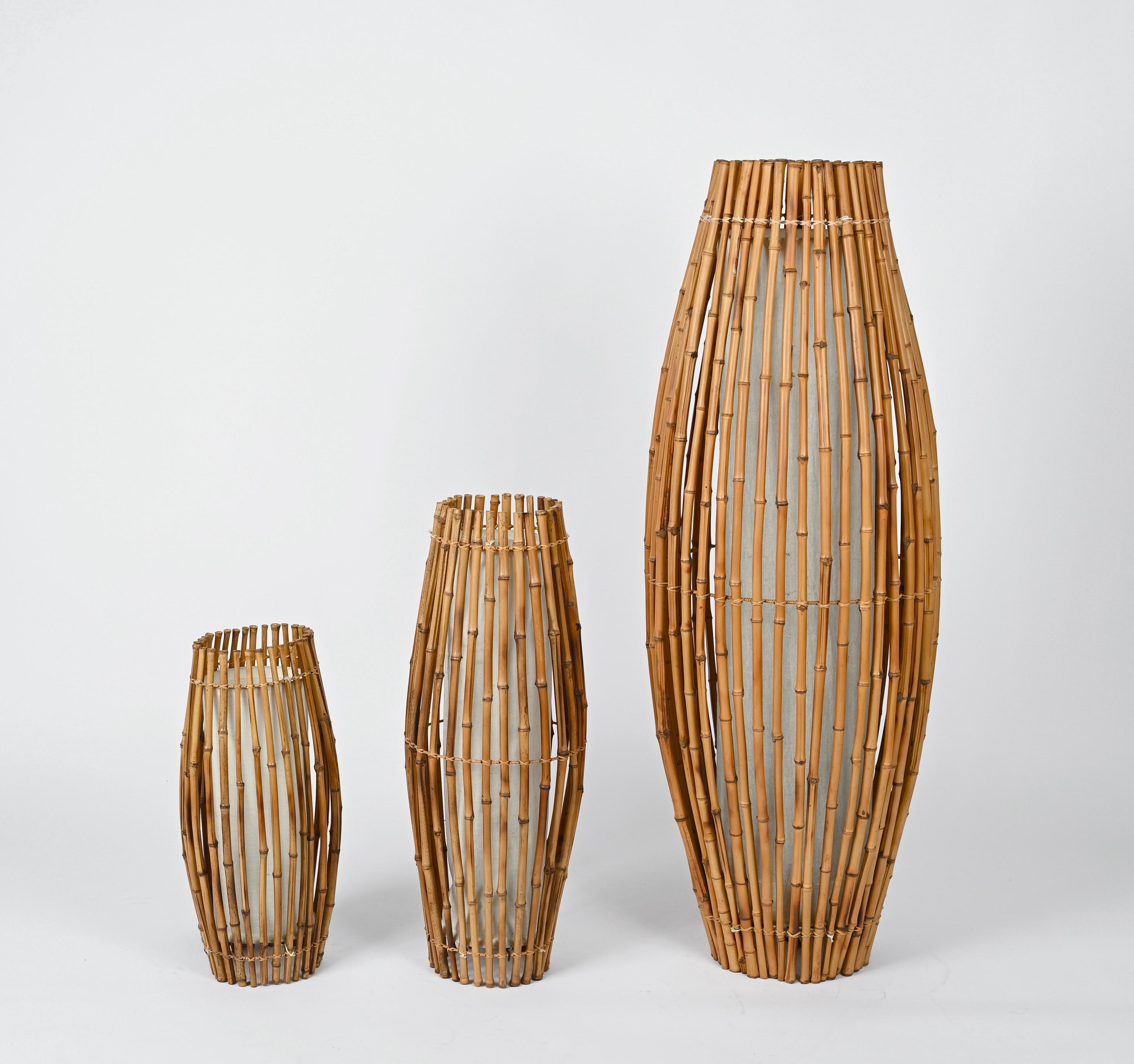 20th Century Set of Three Midcentury Bamboo and Rattan Italian Floor Lamp after Franco Albini
