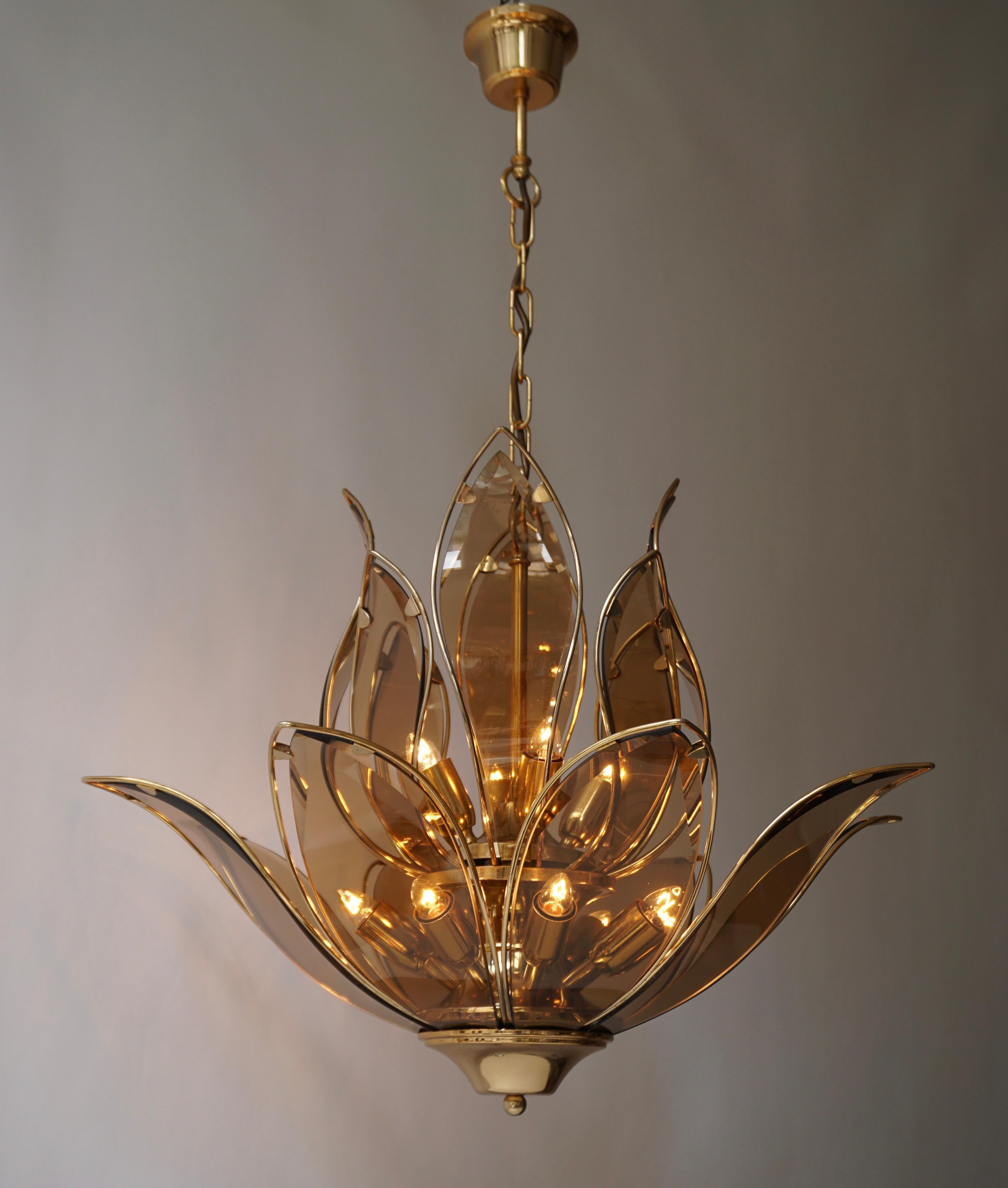 Set of Three Midcentury Chandeliers in Brass and Glass 4