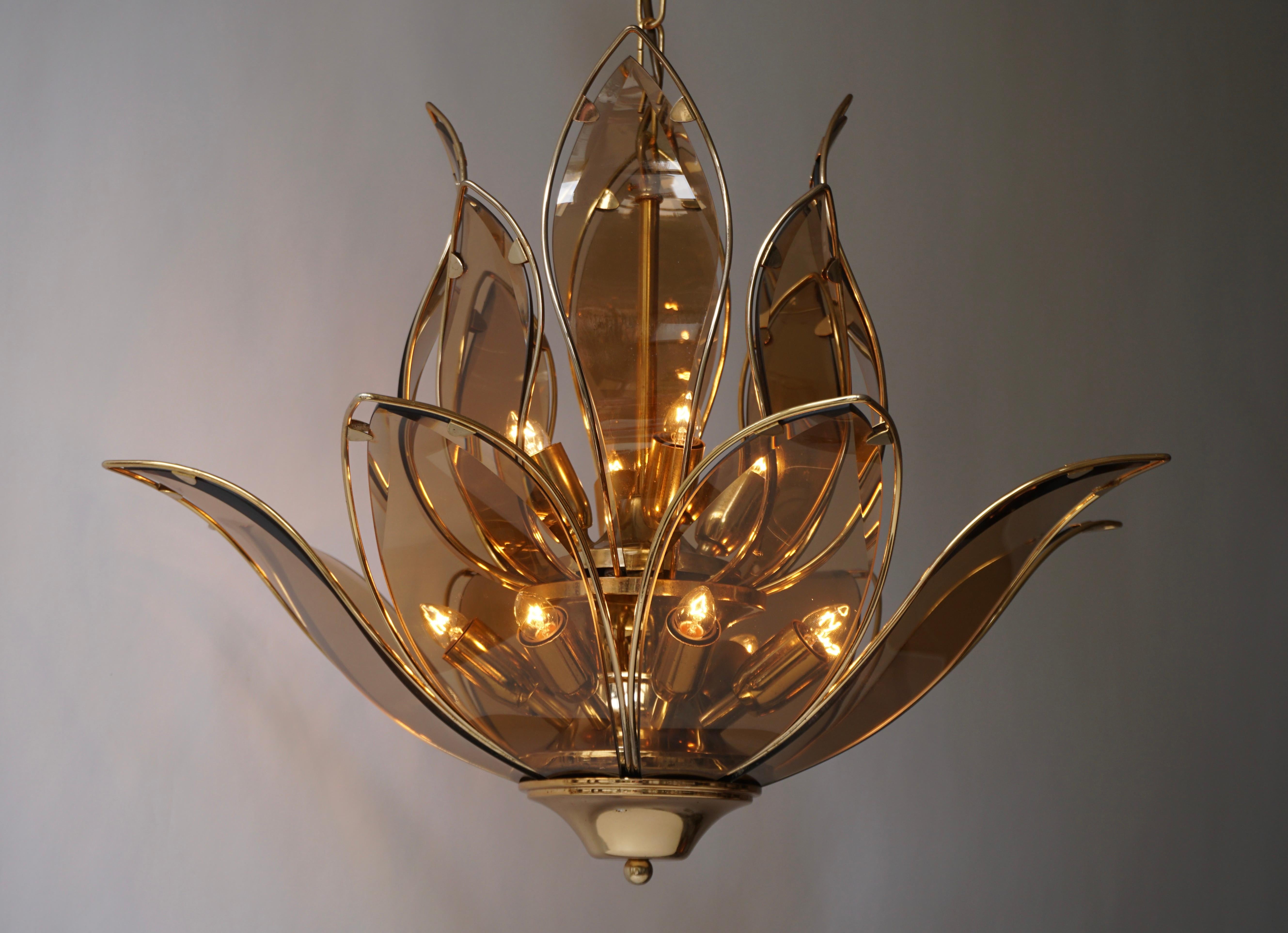 Set of Three Midcentury Chandeliers in Brass and Glass 6