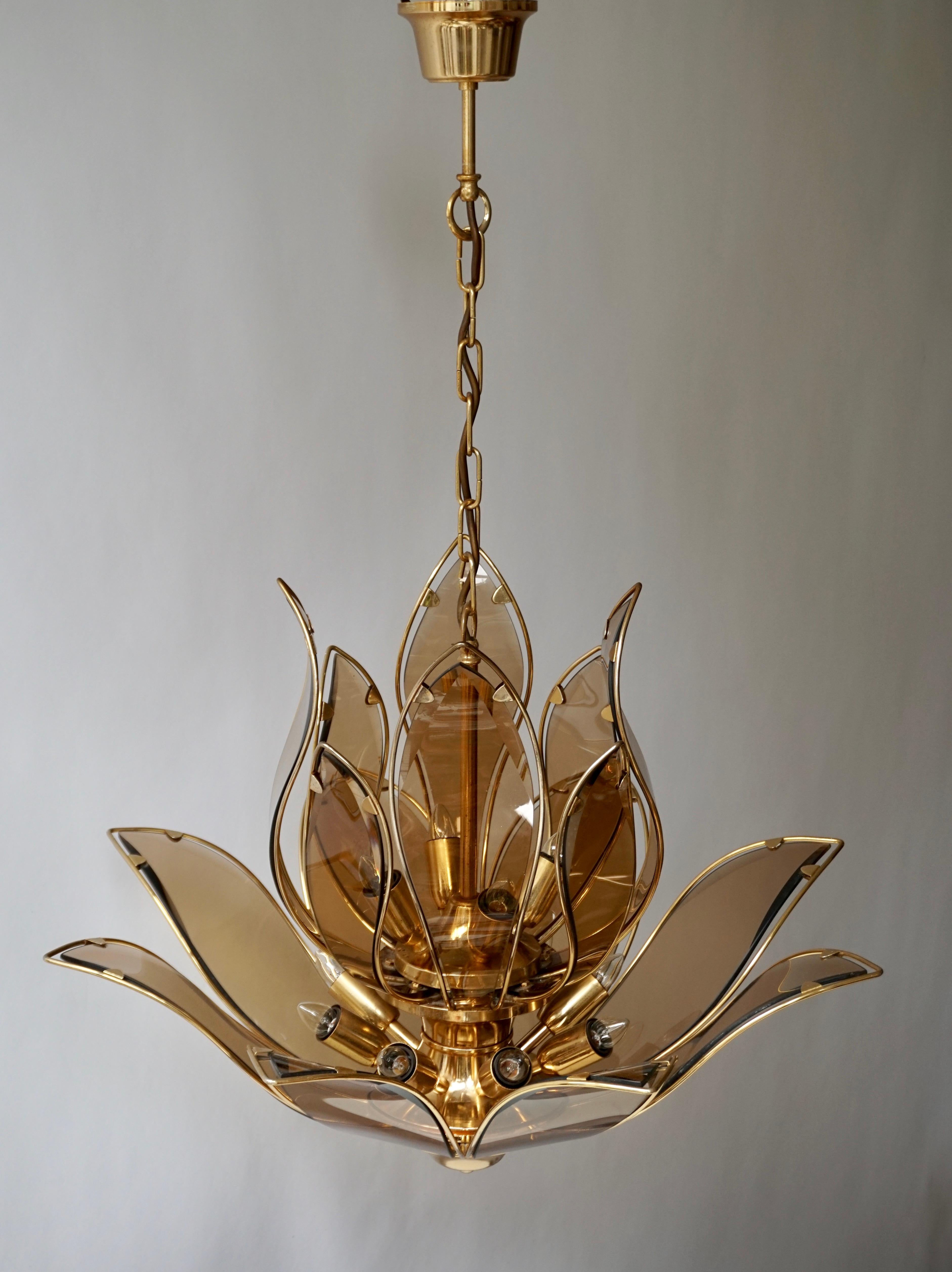 Set of Three Midcentury Chandeliers in Brass and Glass 9