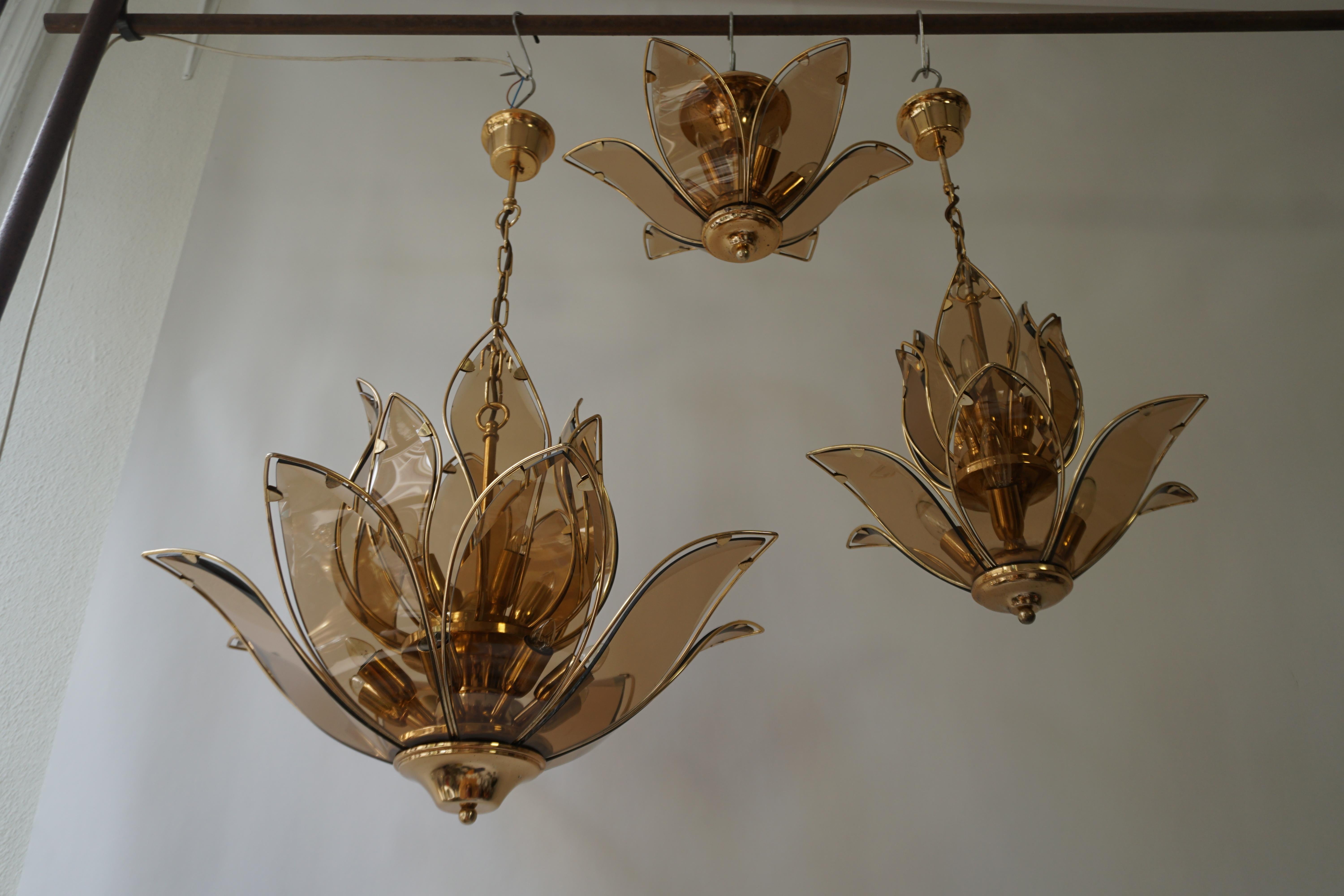 Set of Three Midcentury Chandeliers in Brass and Glass 11