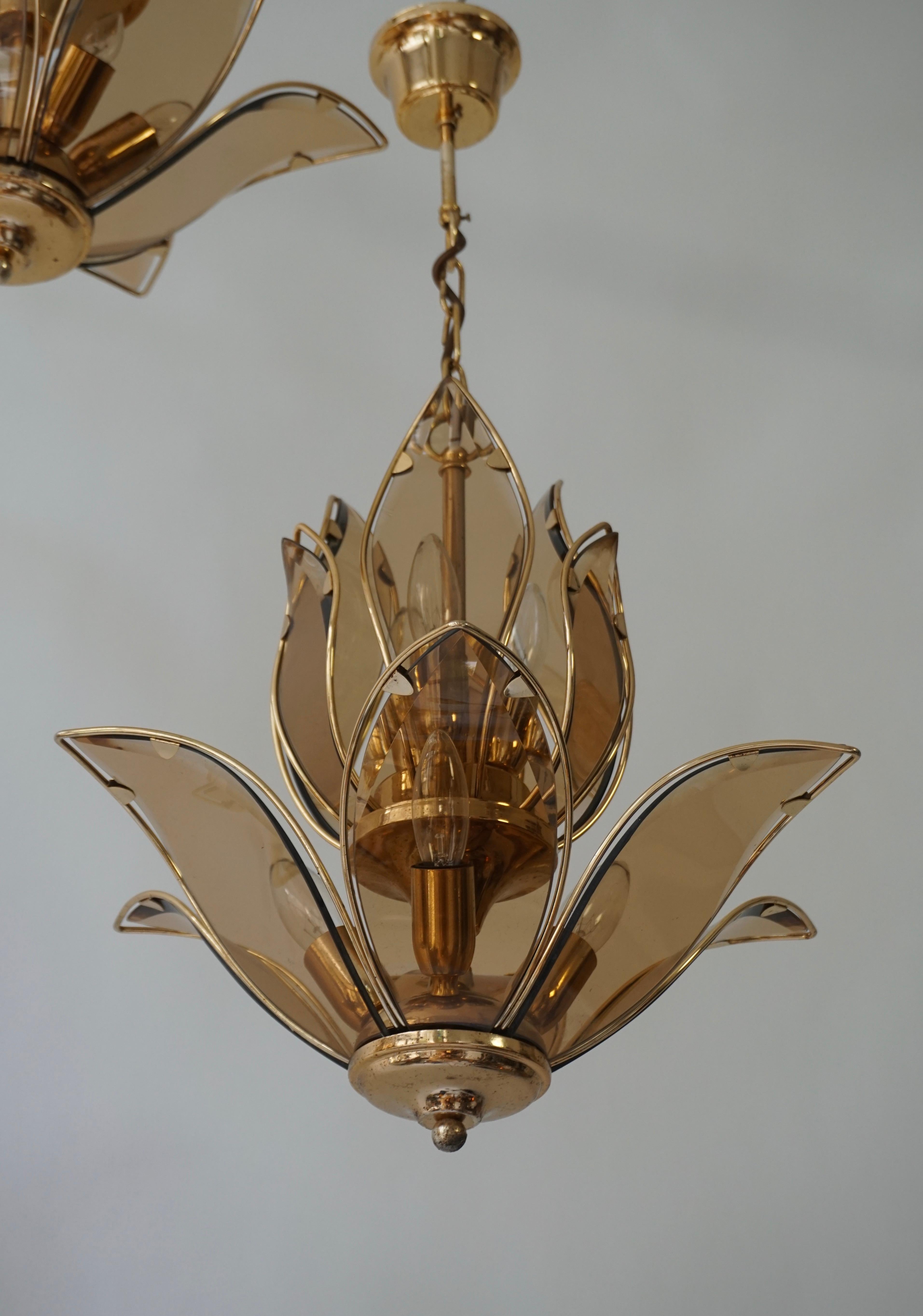 Set of Three Midcentury Chandeliers in Brass and Glass 12