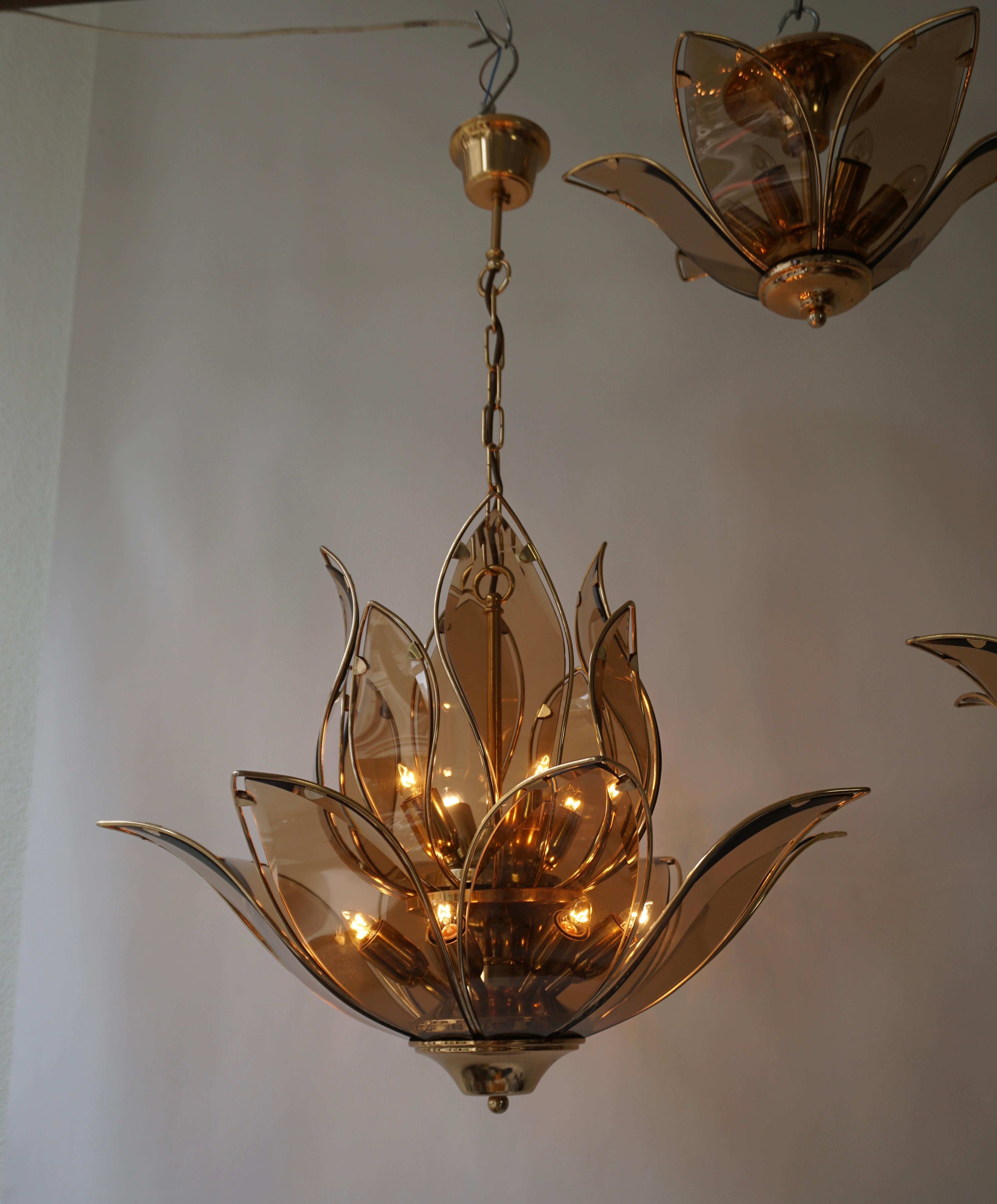 Set of Three Midcentury Chandeliers in Brass and Glass 13