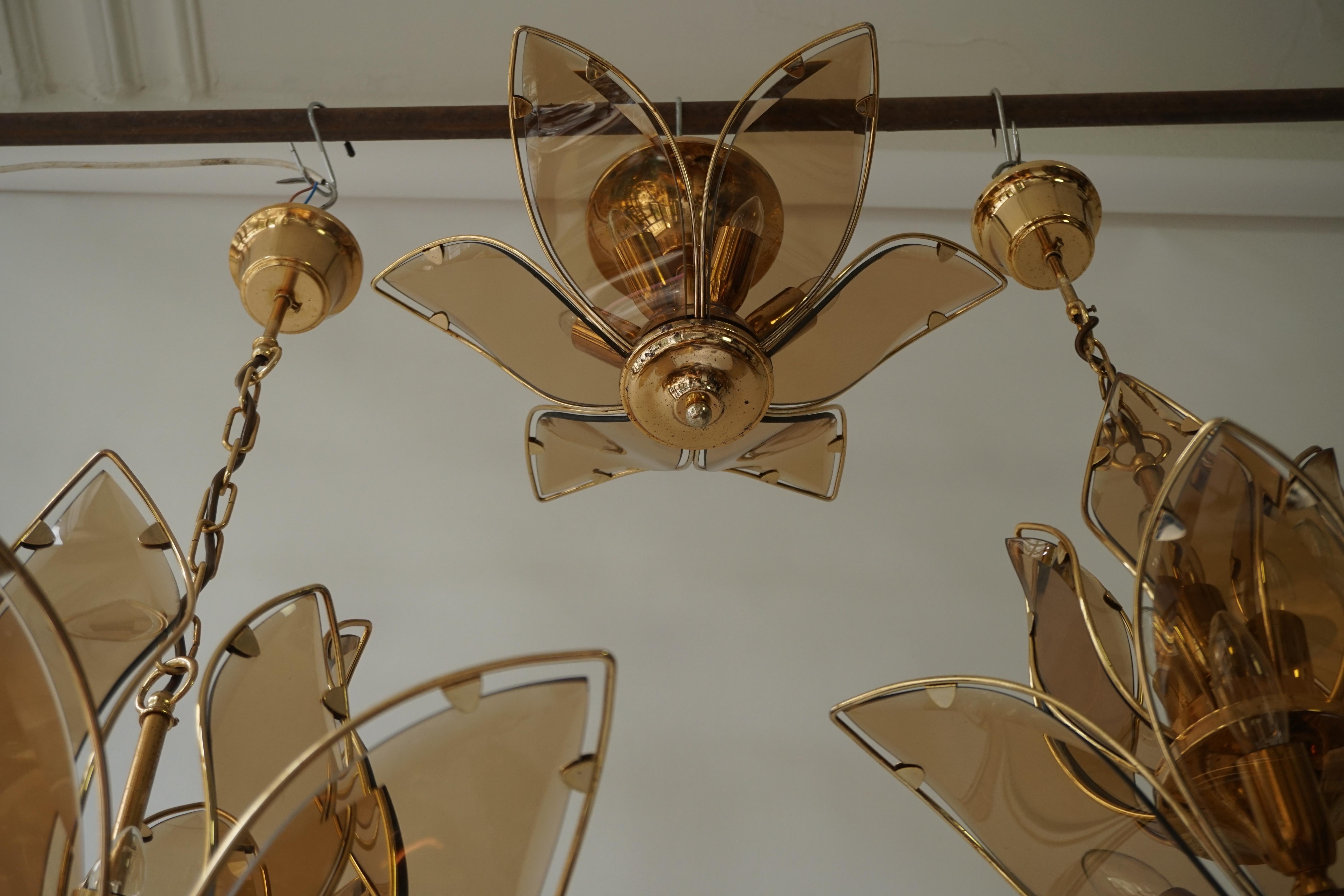 Set of Three Midcentury Chandeliers in Brass and Glass 14