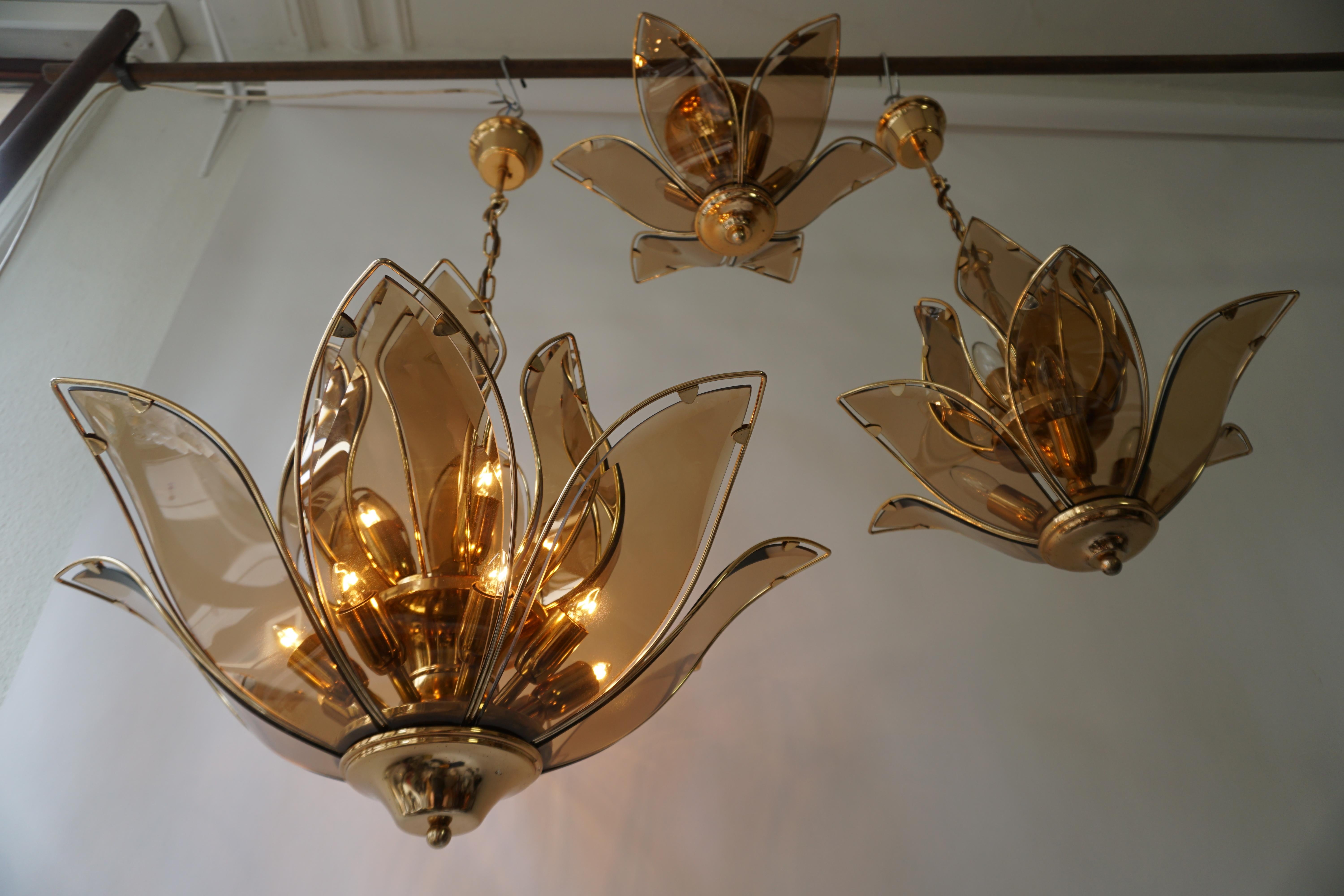 Italian Set of Three Midcentury Chandeliers in Brass and Glass
