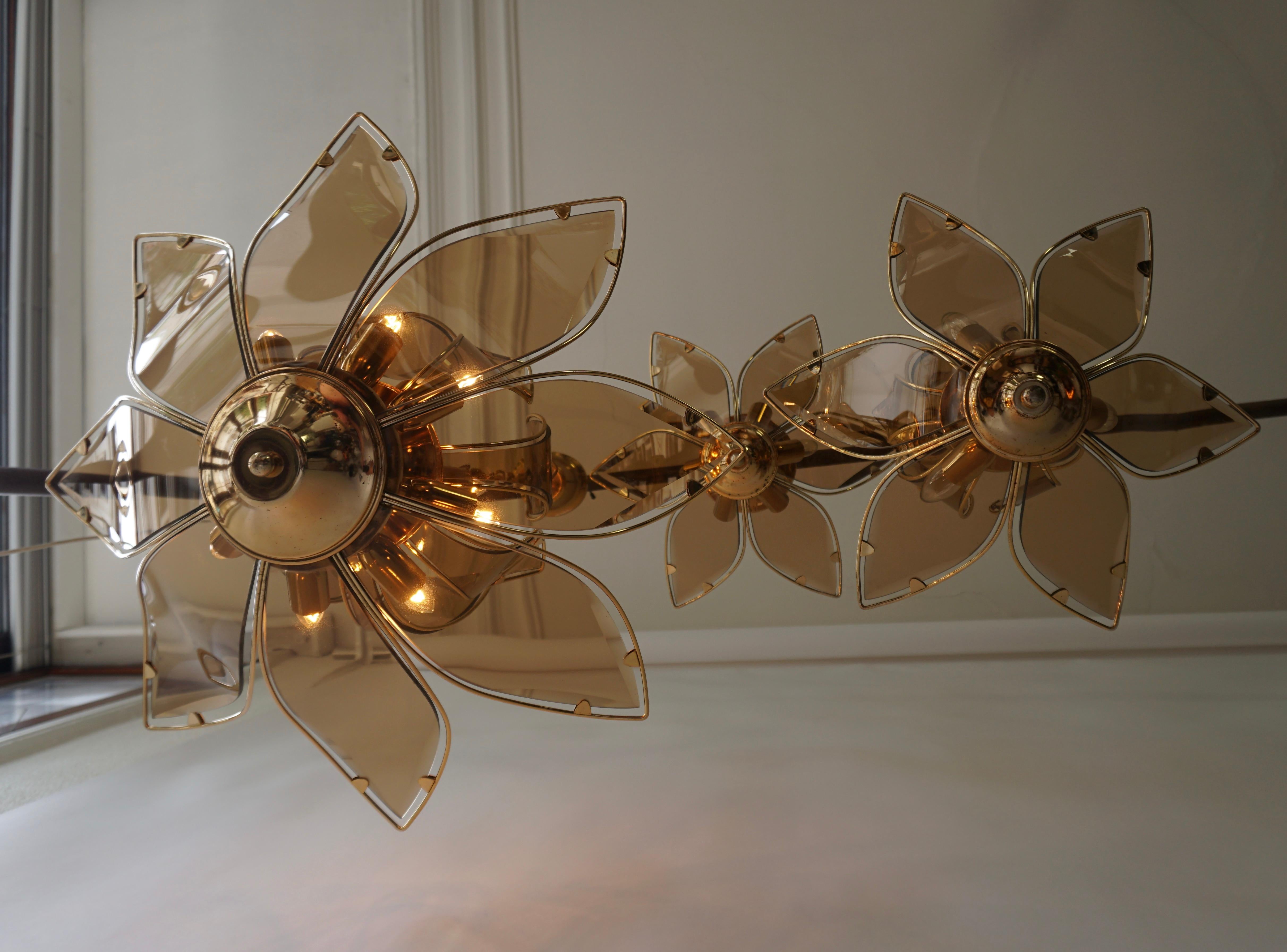 20th Century Set of Three Midcentury Chandeliers in Brass and Glass