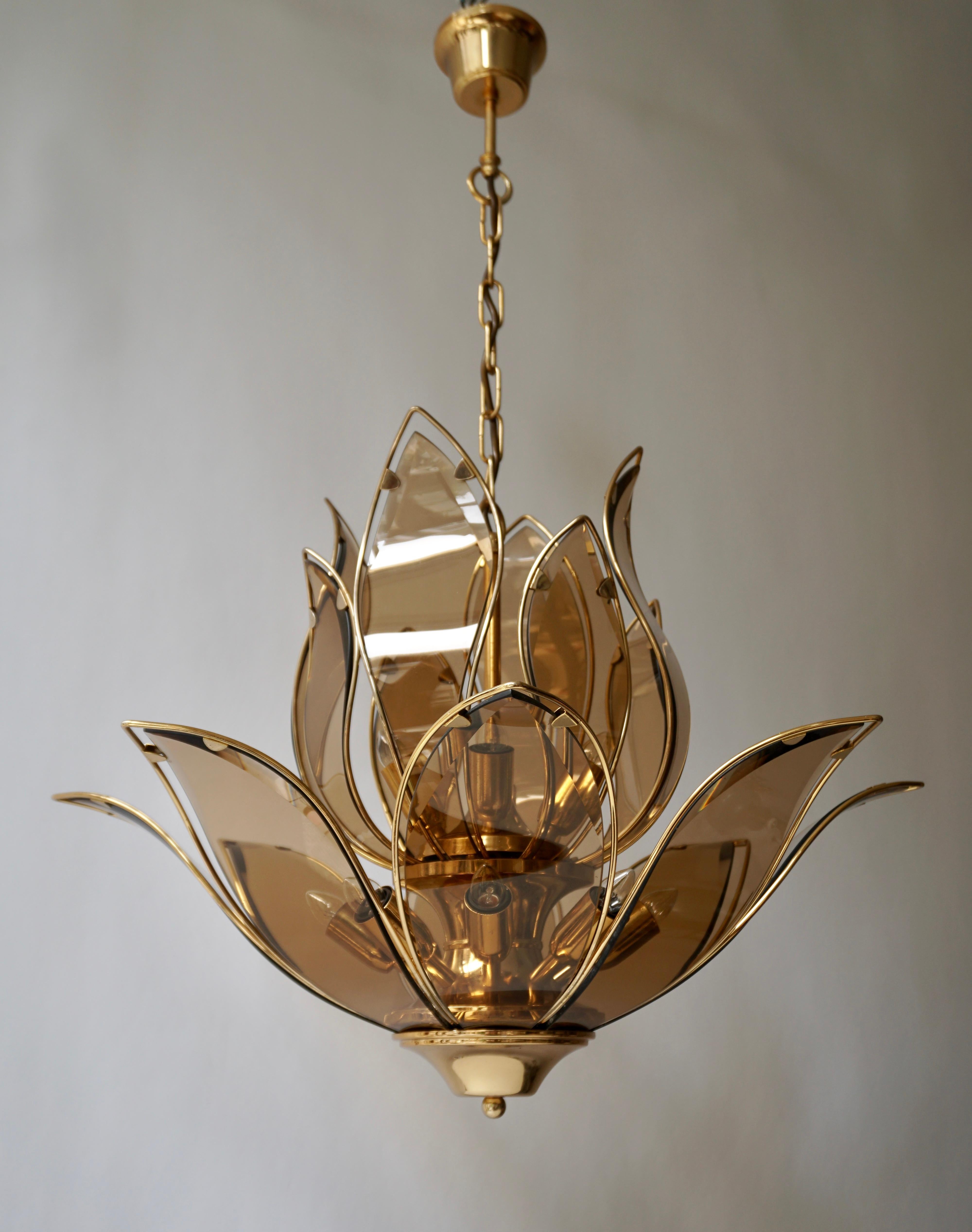 Set of Three Midcentury Chandeliers in Brass and Glass 2