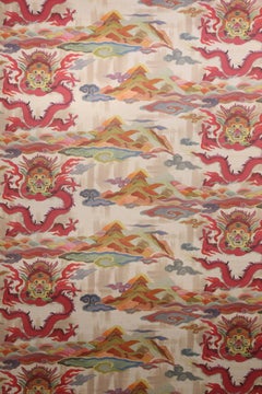 Set of Three Midcentury Colorful Chinoiserie Fabric Panels Found in France