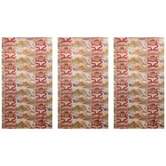 Set of Three Midcentury Colorful Chinoiserie Fabric Panels Found in France Set of Three Midcentury Colorful Chinoiserie Fabric Panels Found in France
