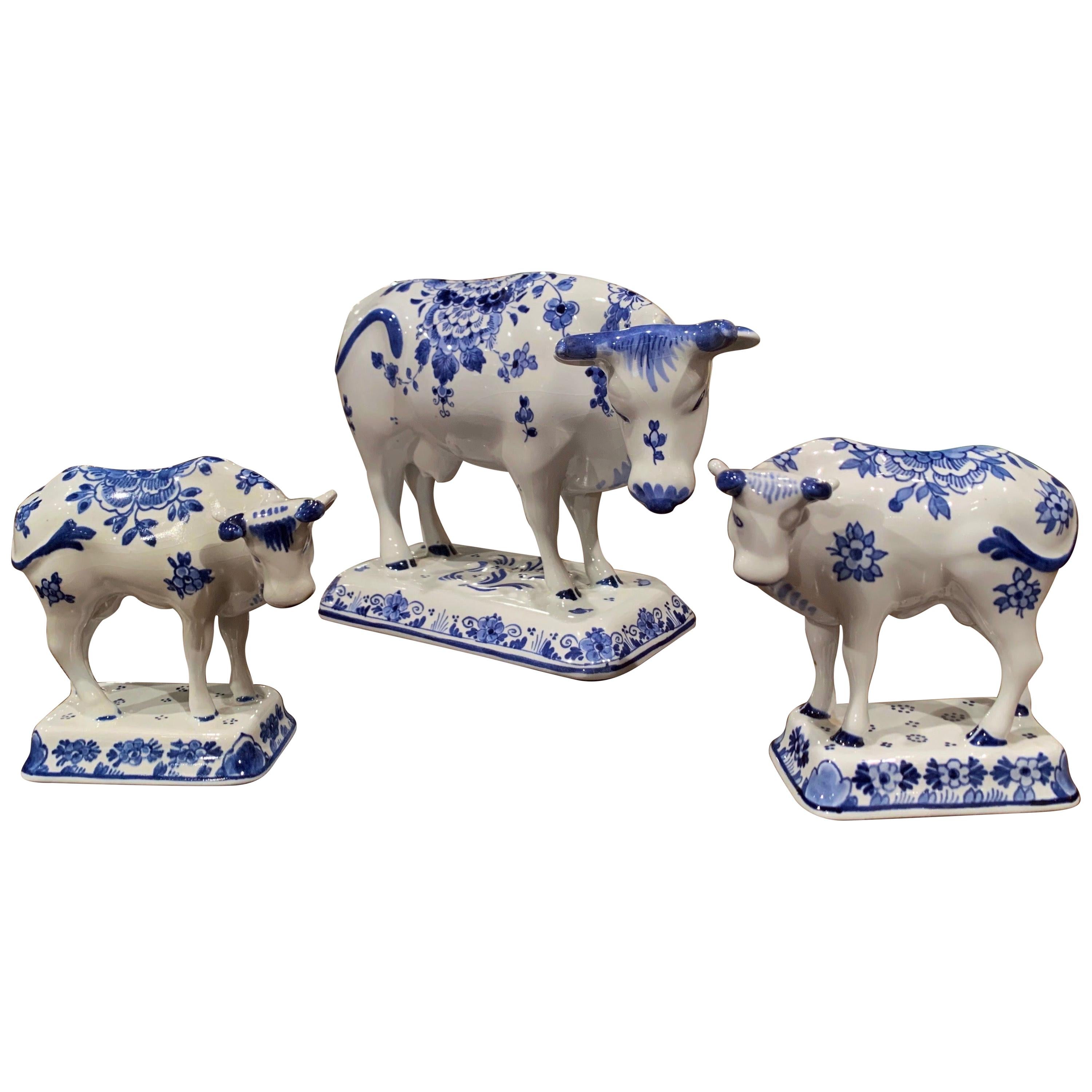 Set of Three Midcentury Dutch Hand Painted Porcelain Delft Cows