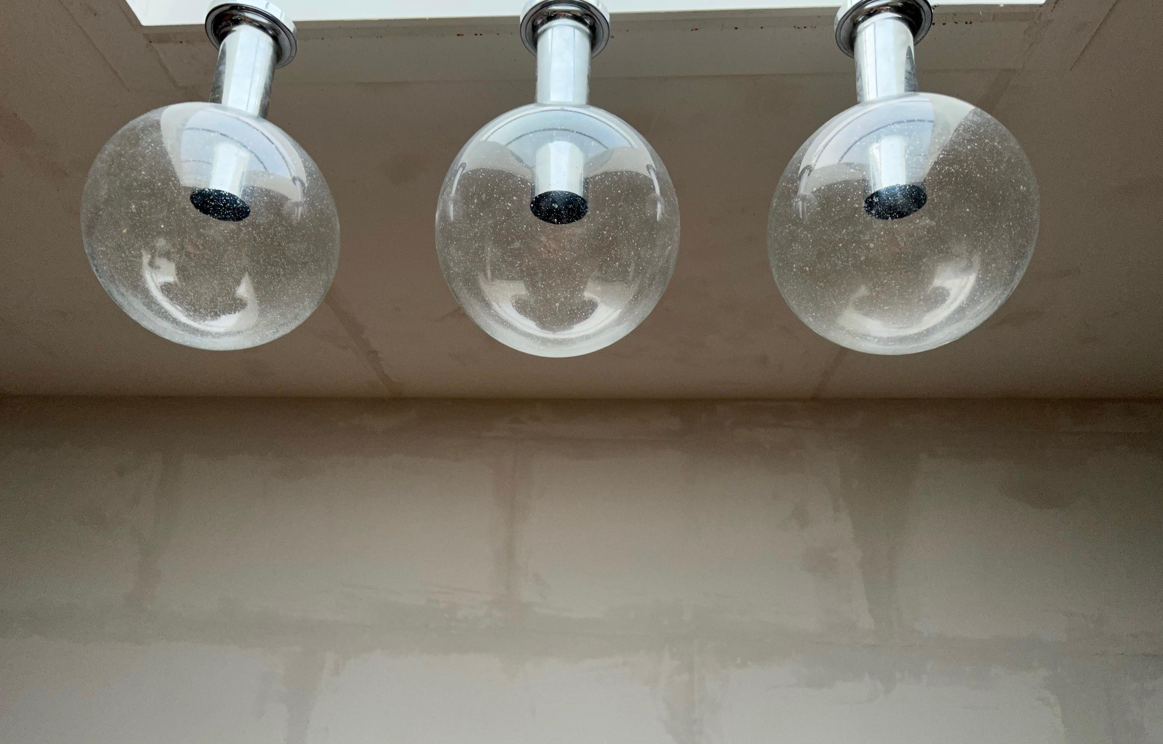 Set of 3 Mid-Century Flush Mounts / Pendant with Stunning Glass Globe Shades For Sale 2