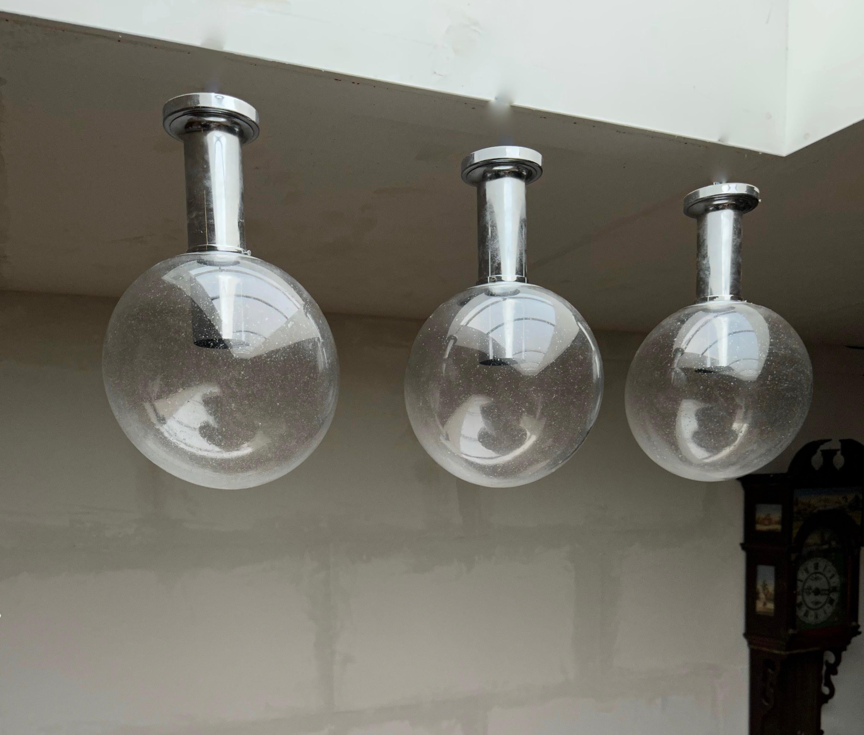 Mid-Century Modern Set of 3 Mid-Century Flush Mounts / Pendant with Stunning Glass Globe Shades For Sale