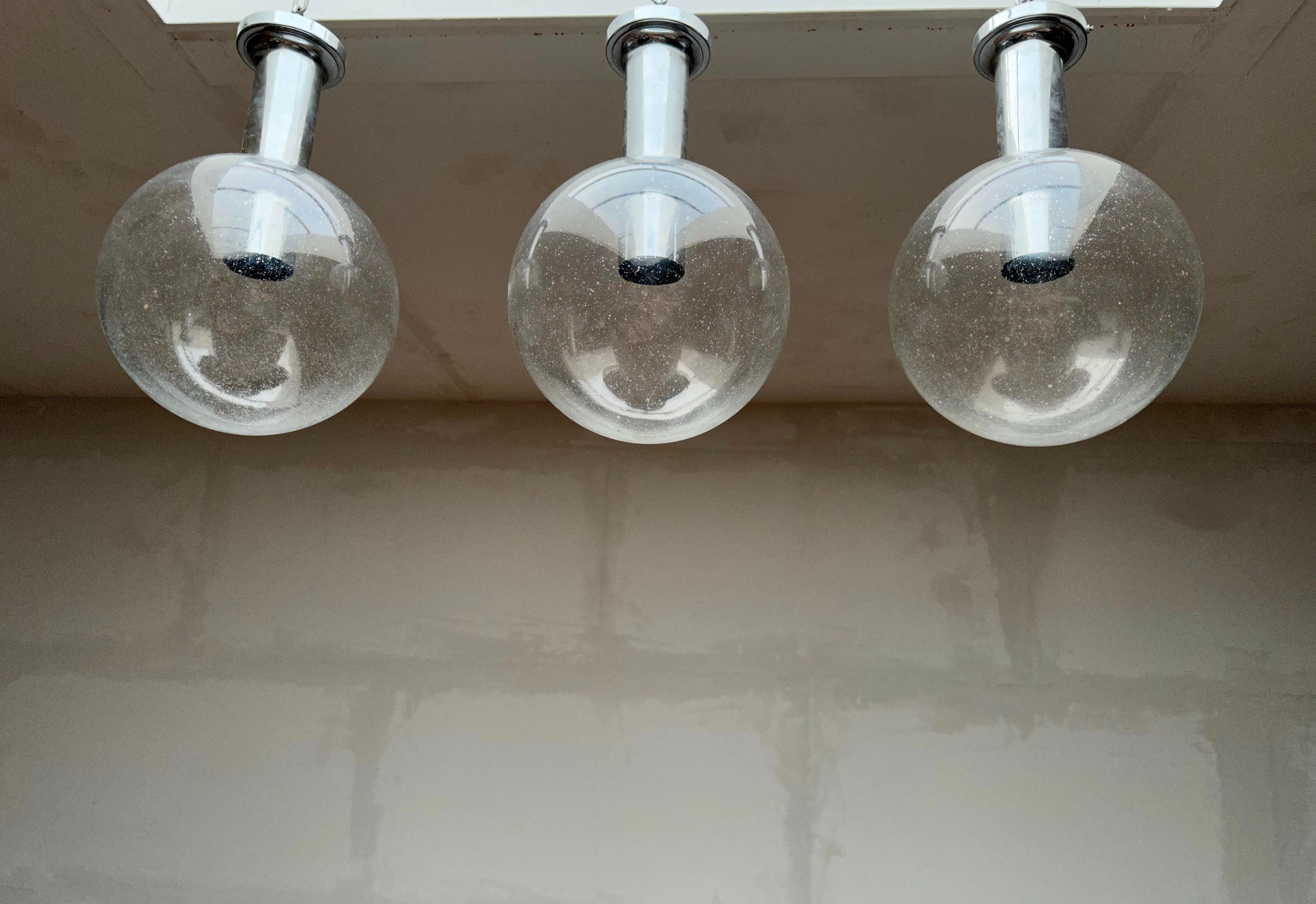 Hand-Crafted Set of 3 Mid-Century Flush Mounts / Pendant with Stunning Glass Globe Shades For Sale