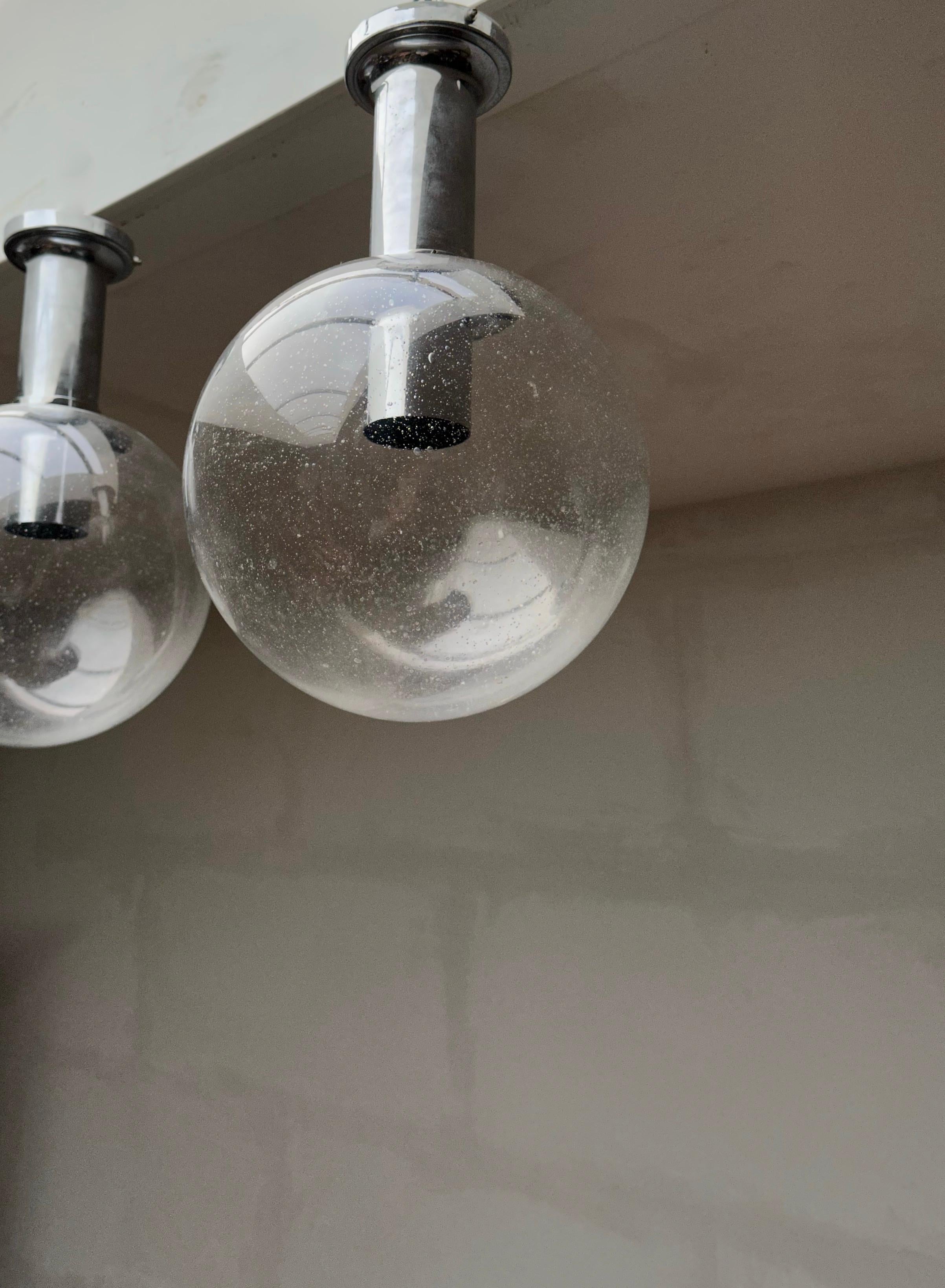Set of 3 Mid-Century Flush Mounts / Pendant with Stunning Glass Globe Shades For Sale 1