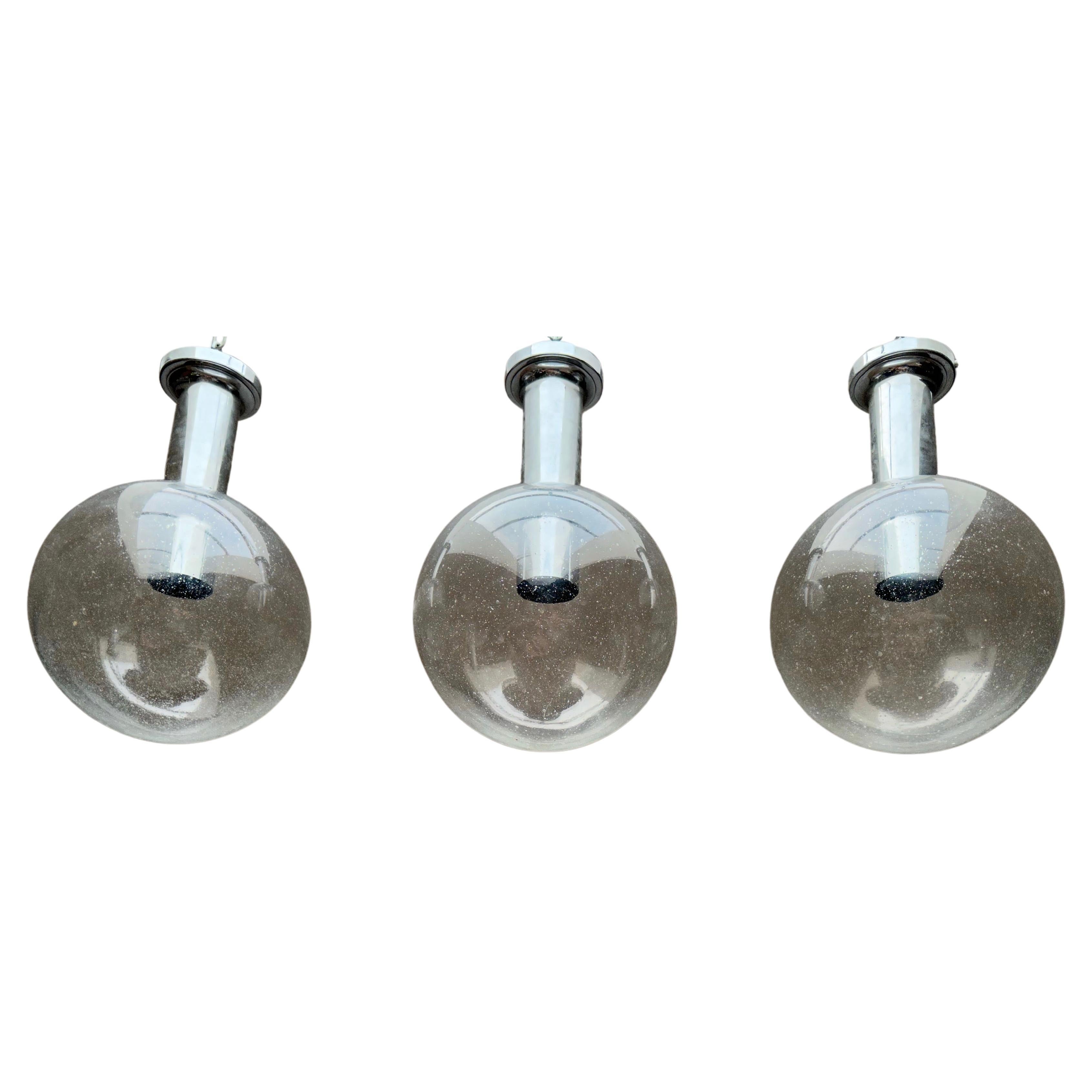 Set of 3 Mid-Century Flush Mounts / Pendant with Stunning Glass Globe Shades For Sale