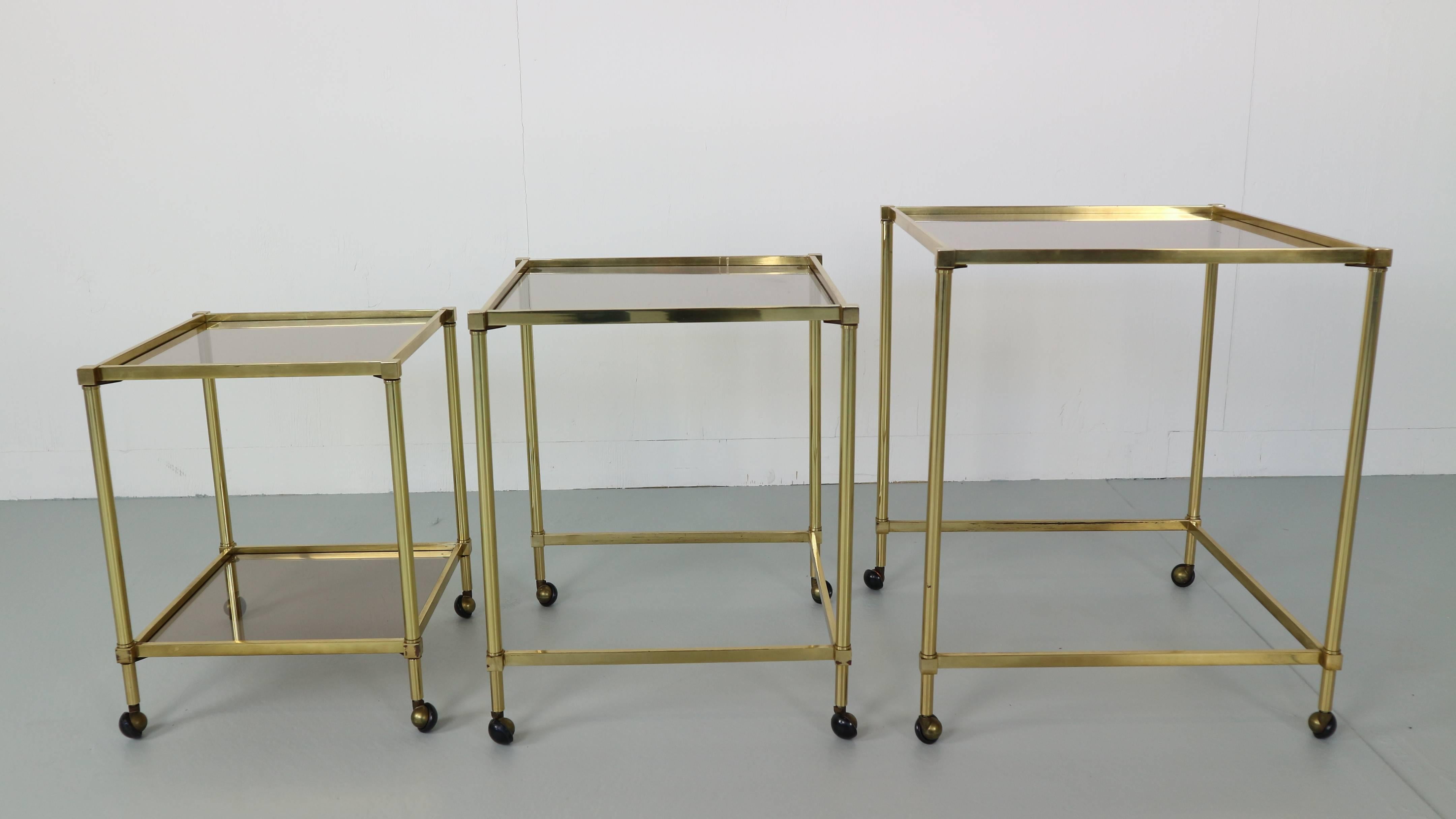Mid-Century Modern Set of Three Midcentury French Brass Nesting Tables with Glass Top