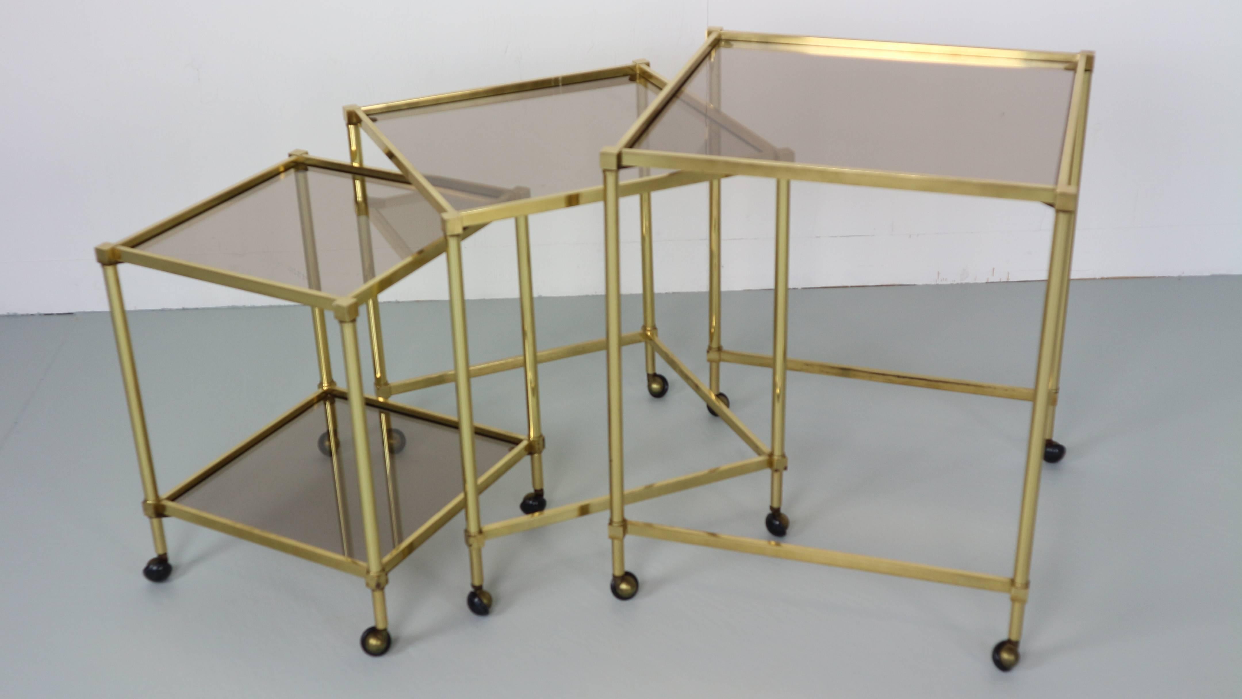 Set of Three Midcentury French Brass Nesting Tables with Glass Top 3