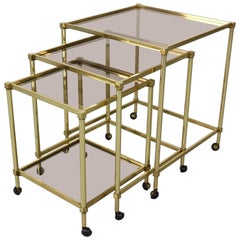 Set of Three Midcentury French Brass Nesting Tables with Glass Top
