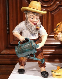 Conjunto de tres Gnomos de Cerámica Barbotina Franceses de Mediados de Siglo Pintados a Mano