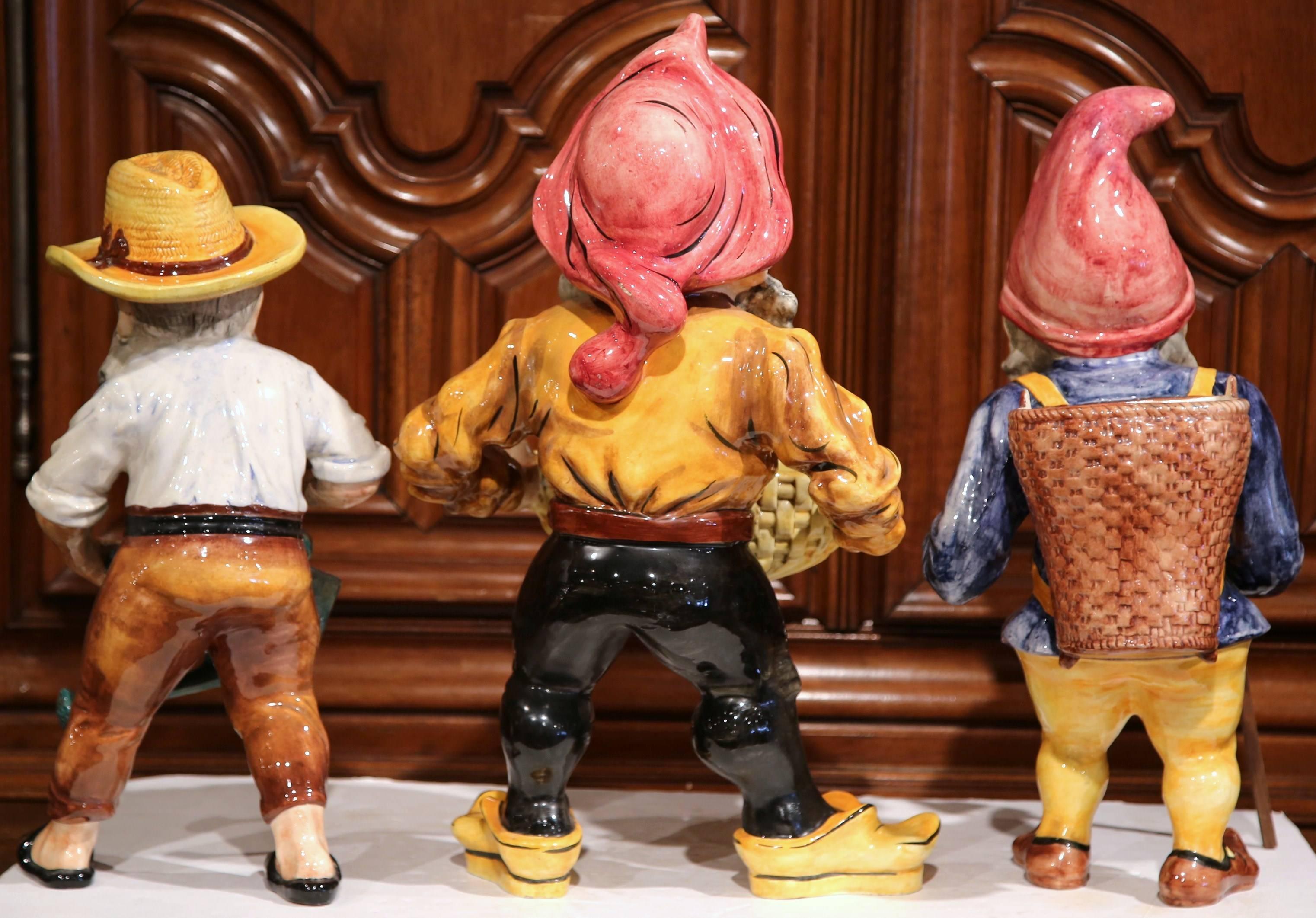 Set of Three Midcentury French Hand Painted Barbotine Ceramic Gnomes Figurines For Sale 1