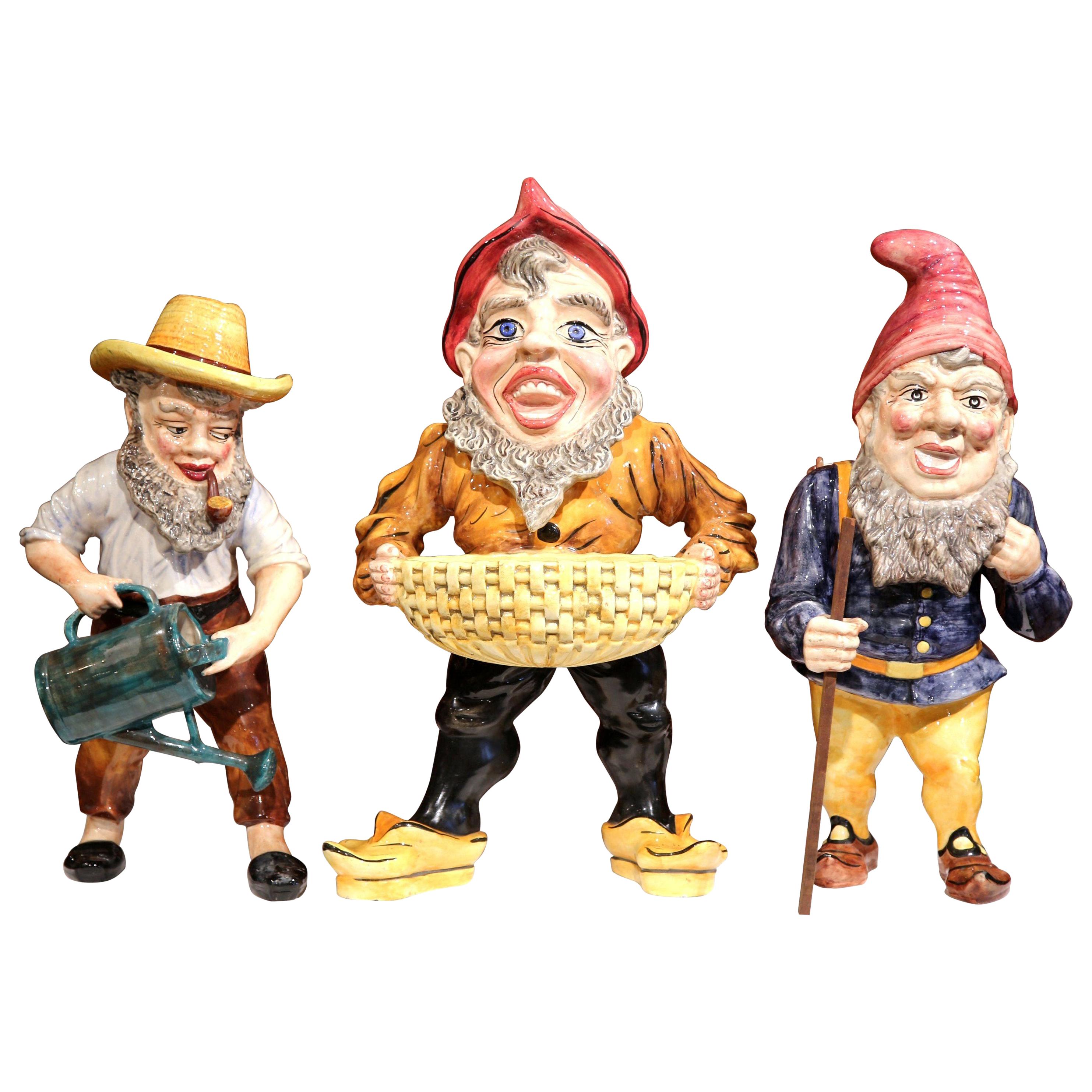 Set of Three Midcentury French Hand Painted Barbotine Ceramic Gnomes Figurines For Sale