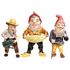 Set of Three Midcentury French Hand Painted Barbotine Ceramic Gnomes Figurines
