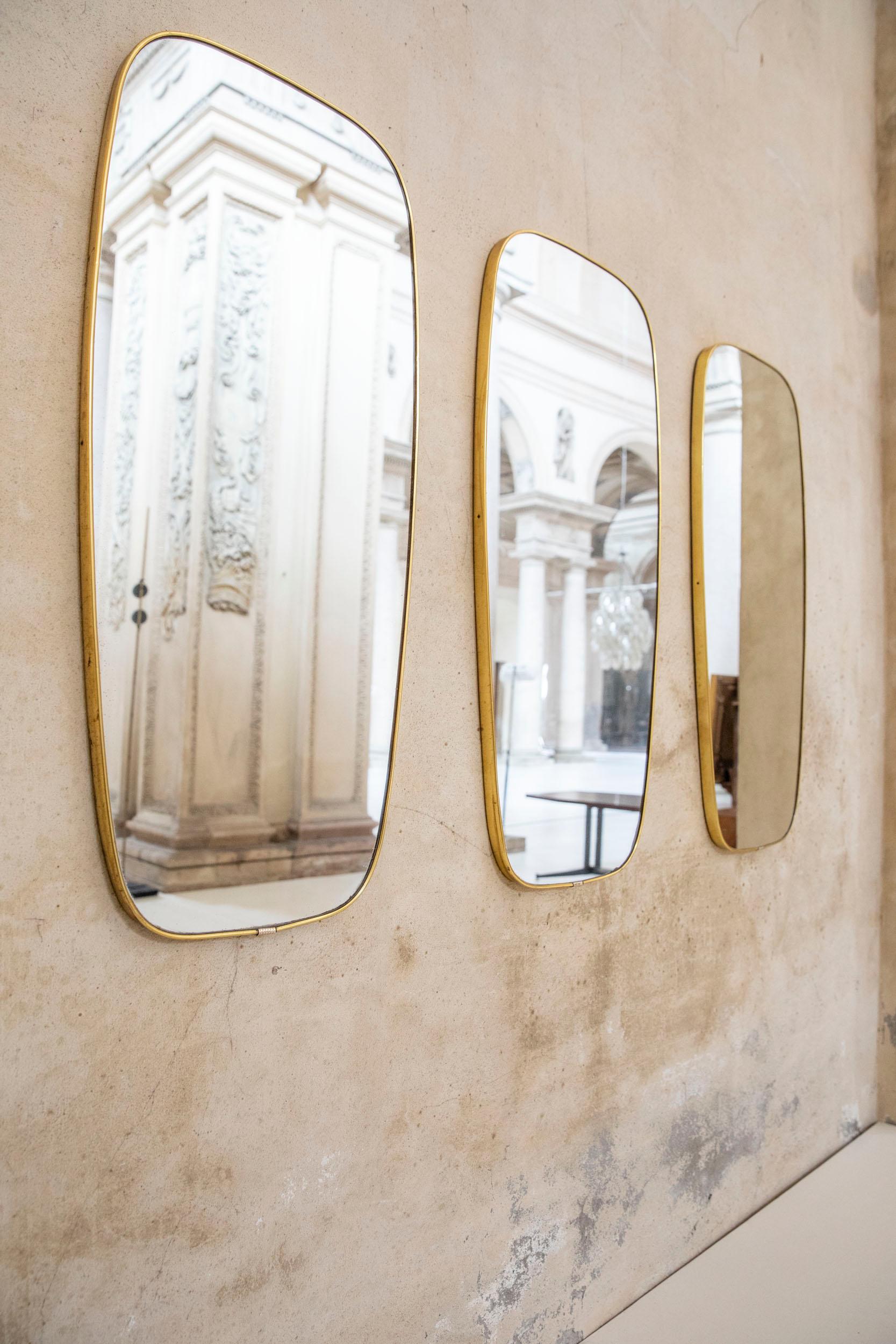 Set of Three Mid-Century Golden Brass Wall Mirror, Italy, 1950 1