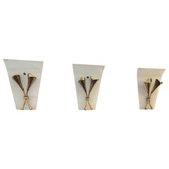 Set of Three Midcentury Italian Curved Glass and Brass Sconces