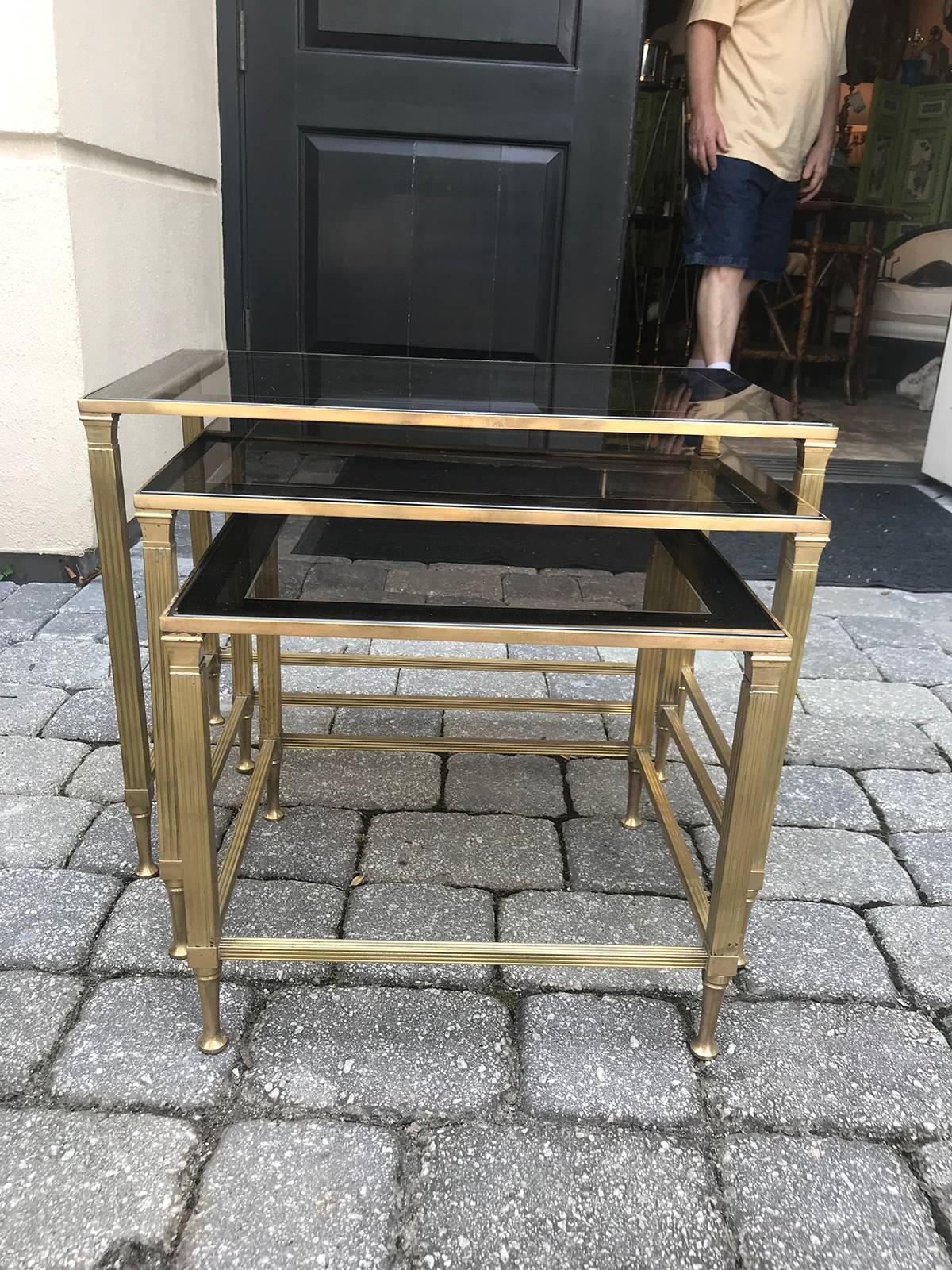 Set of three Mid-20th Century French Maison Bagues Brass Nesting Tables. Classic. Small: 16