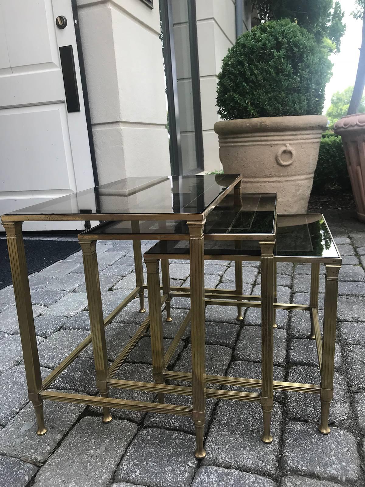 Set of Three Mid-20th Century French Maison Bagues Brass Nesting Tables 2