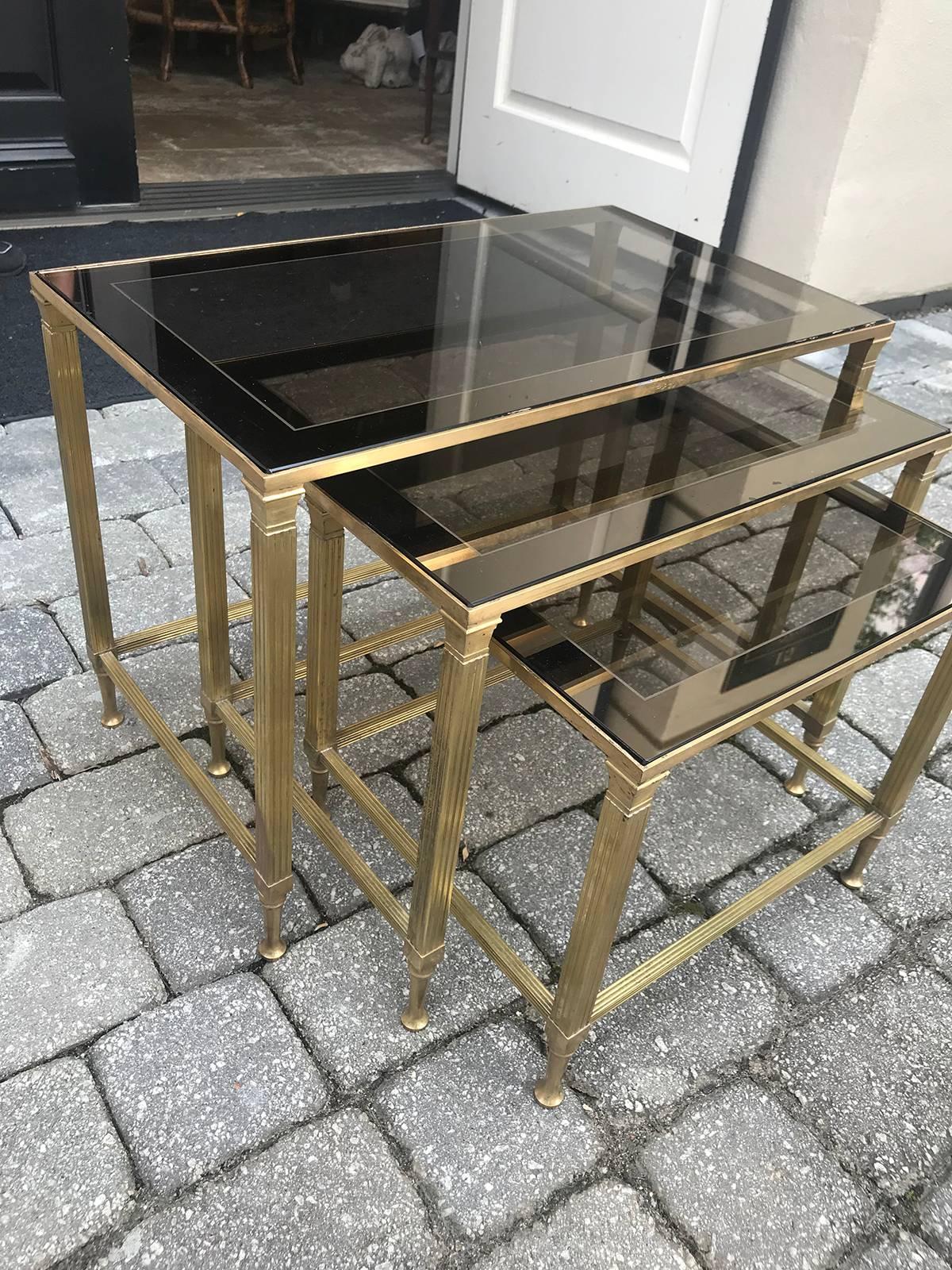 Set of Three Mid-20th Century French Maison Bagues Brass Nesting Tables 3