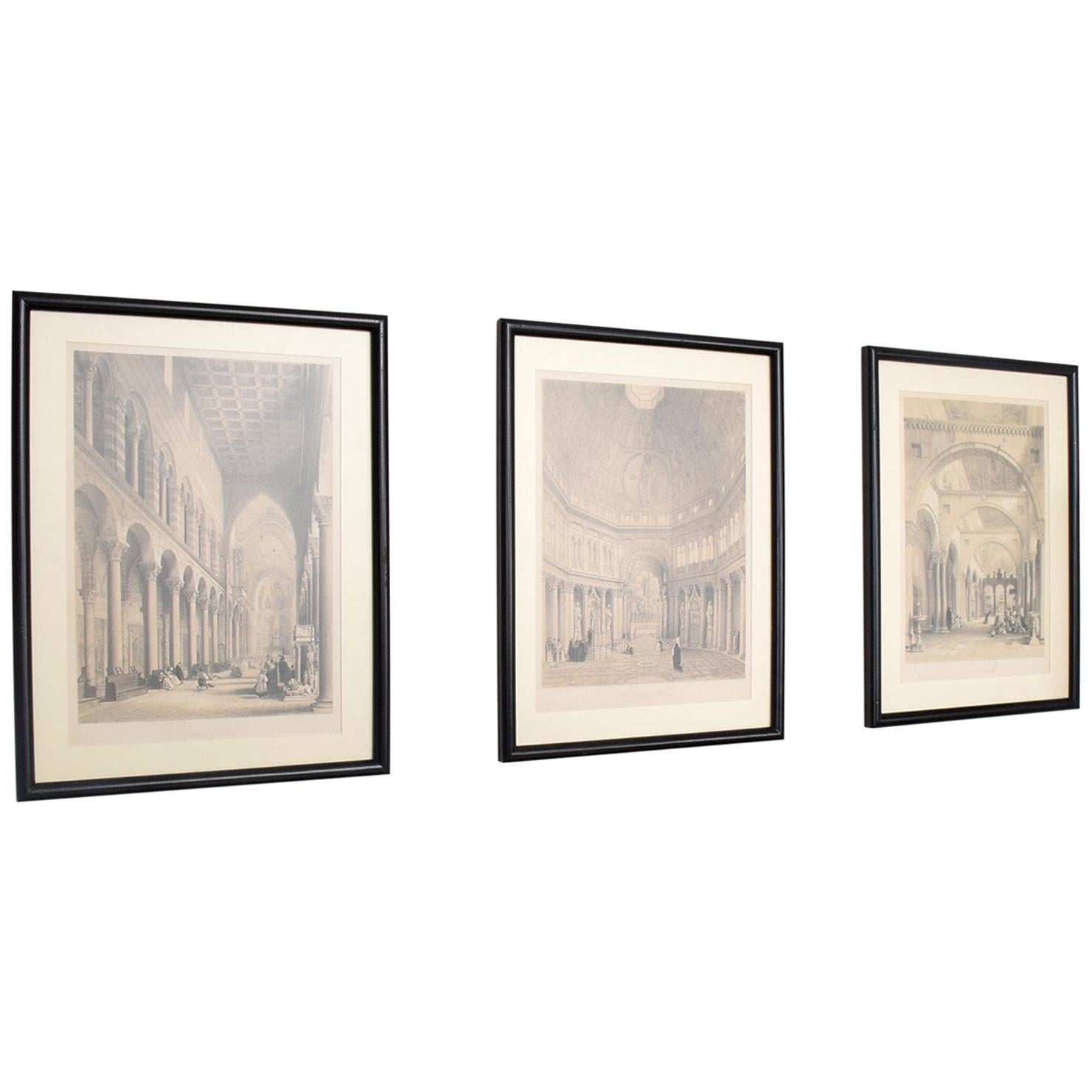 1960s Mid-Century Modern Italian Column Architecture Etchings Framed - Set of 3