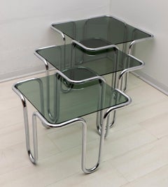 Set of Three Mid-Century Modern Italian Crome and Glass Nesting Coffee Tables
