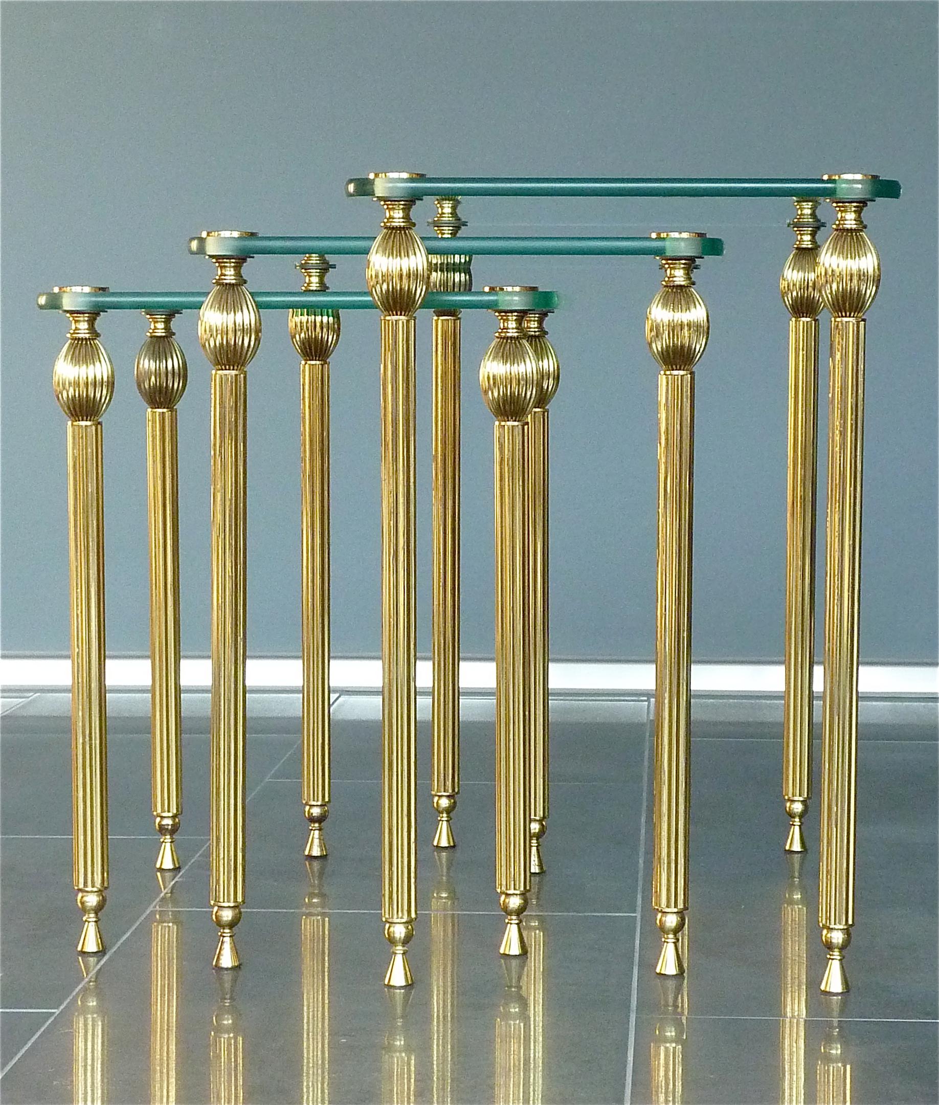 French Set of Three Midcentury Nesting Side Tables Brass Glass Maison Baguès Jansen For Sale