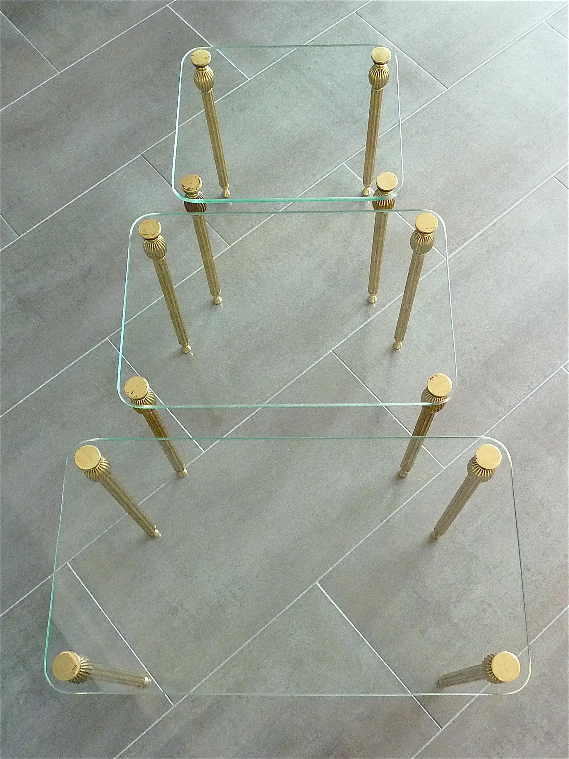 Beveled Set of Three Midcentury Nesting Side Tables Brass Glass Maison Baguès Jansen For Sale
