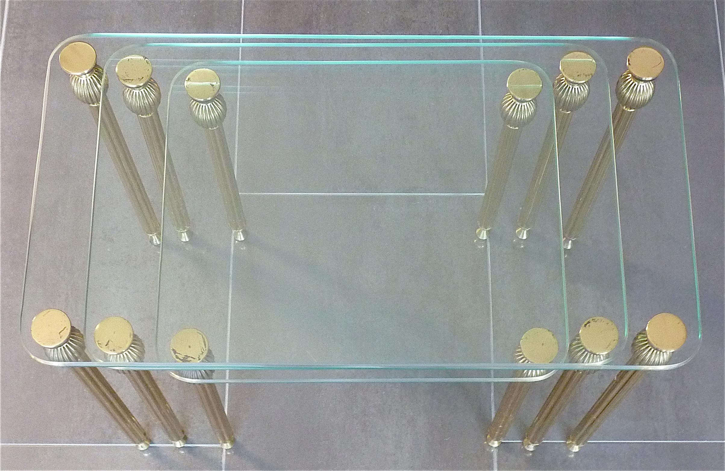 Mid-20th Century Set of Three Midcentury Nesting Side Tables Brass Glass Maison Baguès Jansen For Sale