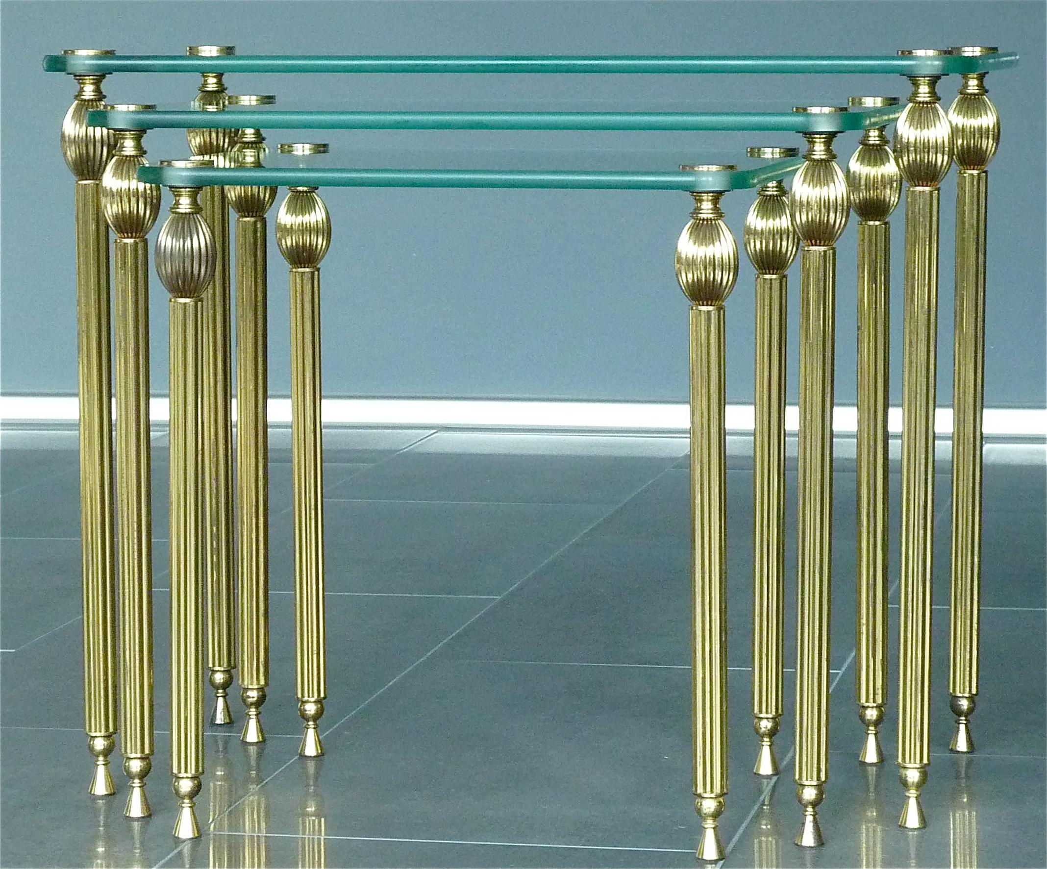 Set of Three Midcentury Nesting Side Tables Brass Glass Maison Baguès Jansen For Sale 1