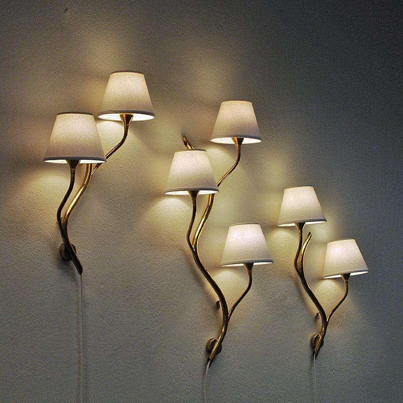 Polished Set of Three Midcentury Norwegian Branch Brass Wall Lamps from Astra, 1950s