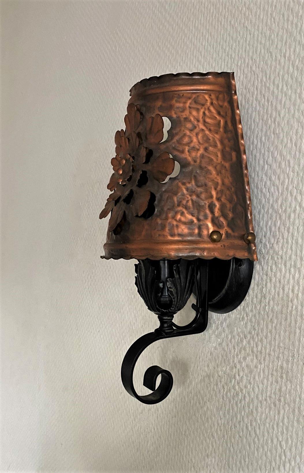 20th Century Set of Three Midcentury Spanish Wrought Iron Pierced Copper Wall Sconces, 1950s For Sale
