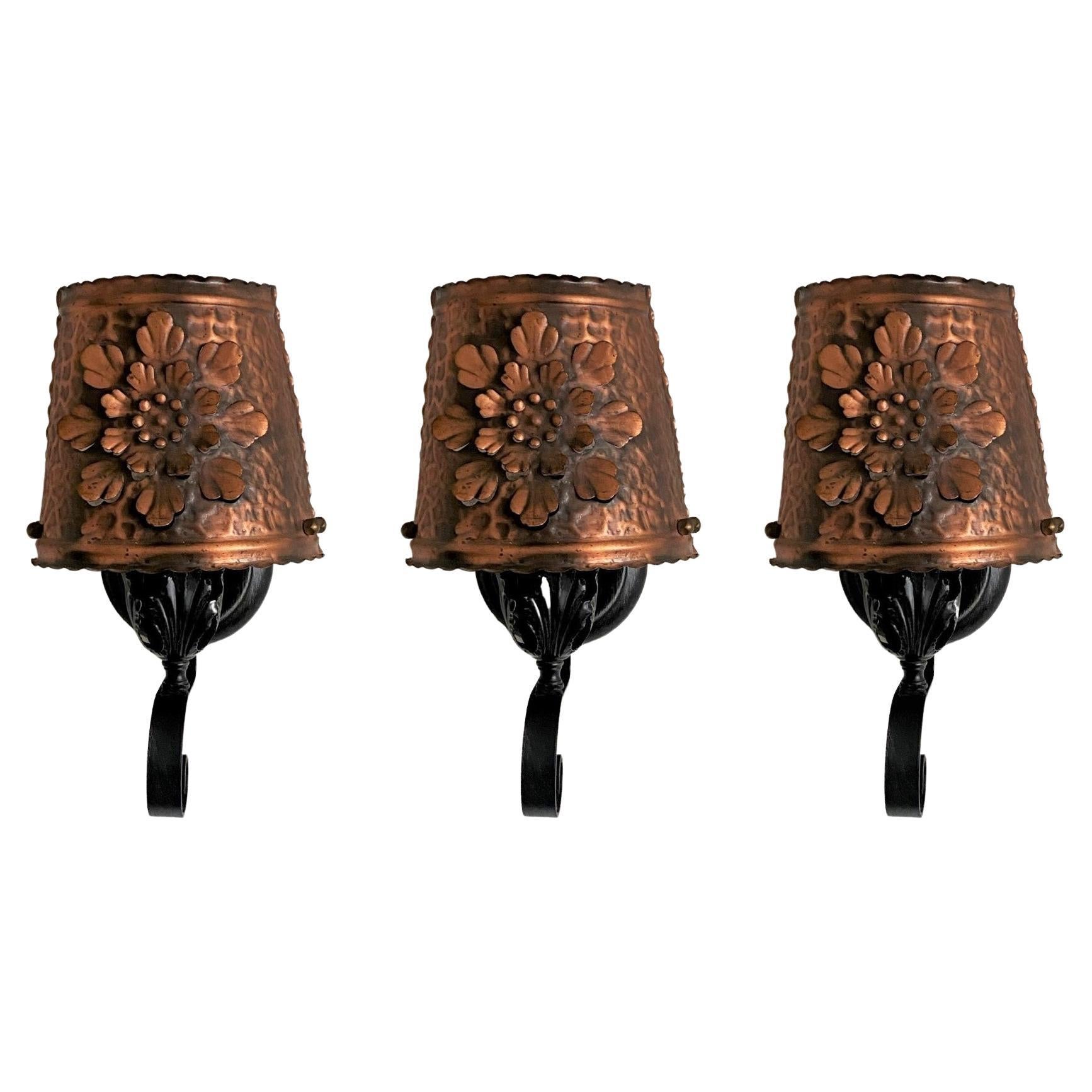 Set of Three Midcentury Spanish Wrought Iron Pierced Copper Wall Sconces, 1950s For Sale
