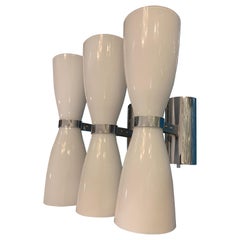 Set of Three Midcentury White Murano Glass Sconces, Chrome Fittings, 1950s