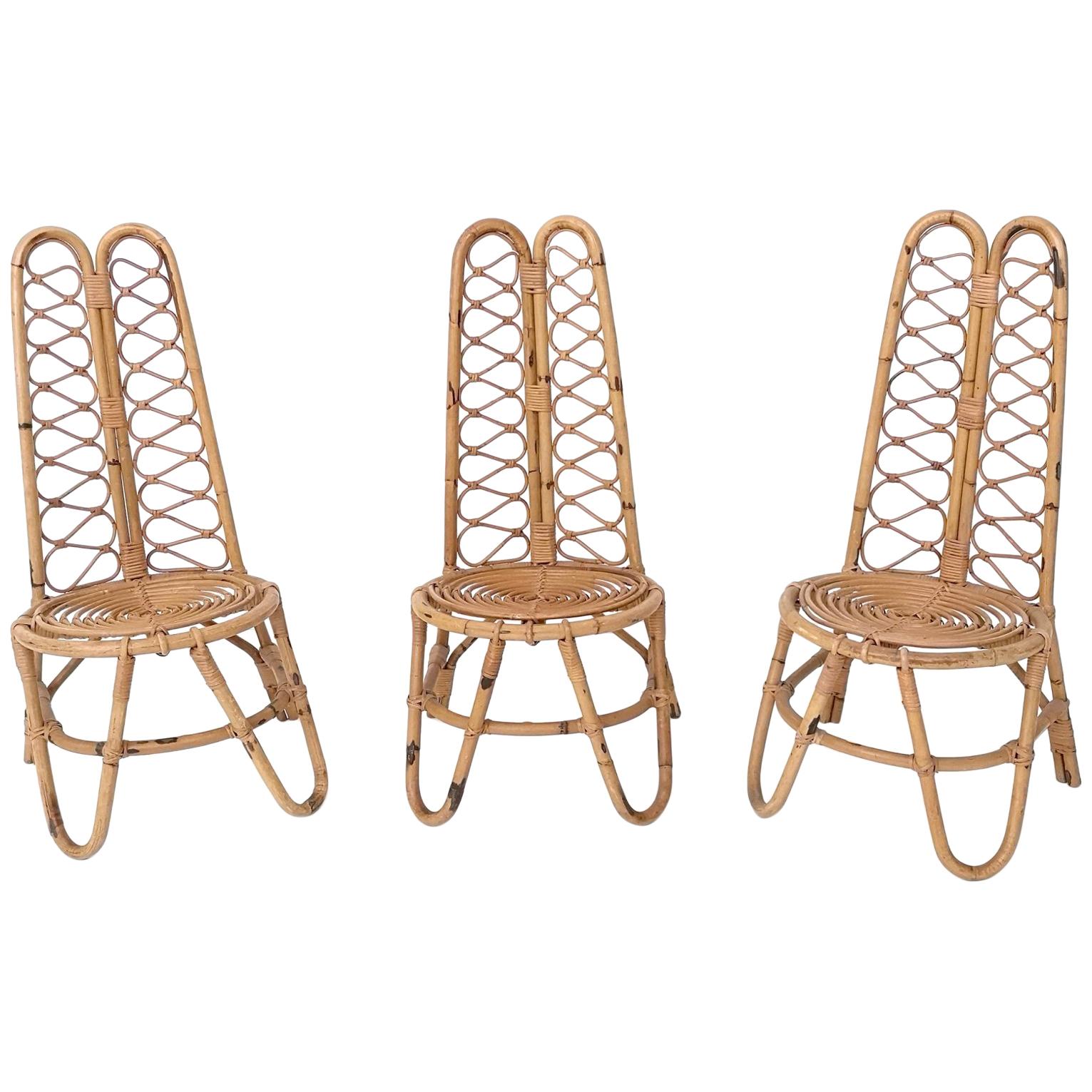 Set of Three Midcentury Bamboo Chairs, Italy 1950s