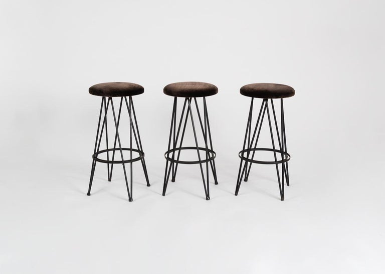 Set of Three Midcentury Wrought Iron Bar Stools, United States, Mid